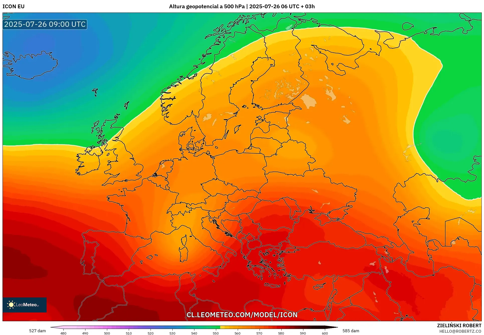 ICON model - Europa, Altura geopotencial a 500 hPa