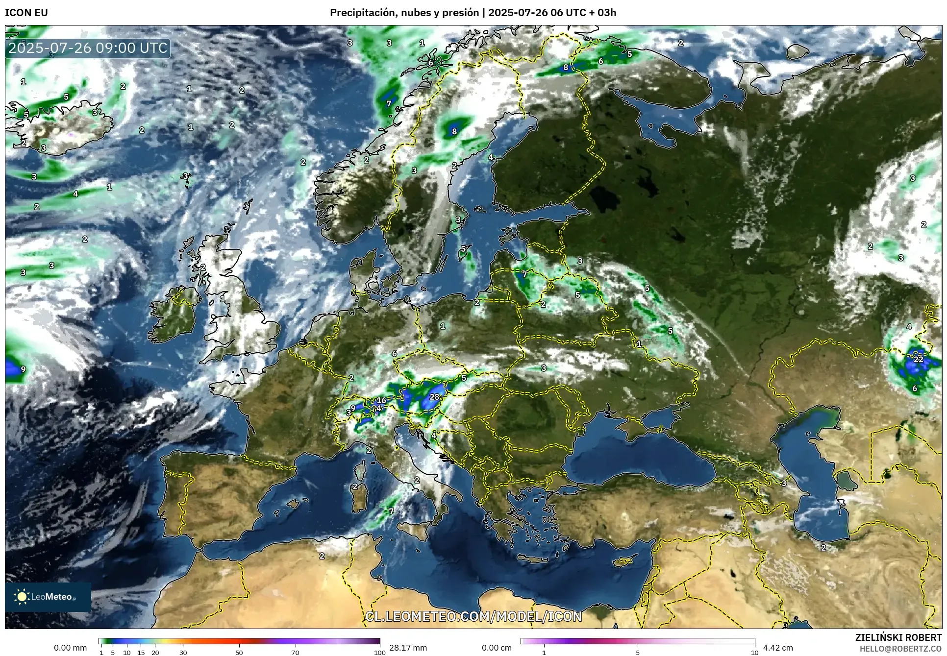 ICON model - Europa, Precipitación, nubes y presión