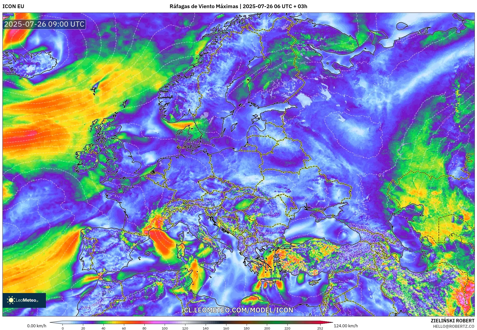 ICON model - Europa, Ráfagas de Viento Máximas