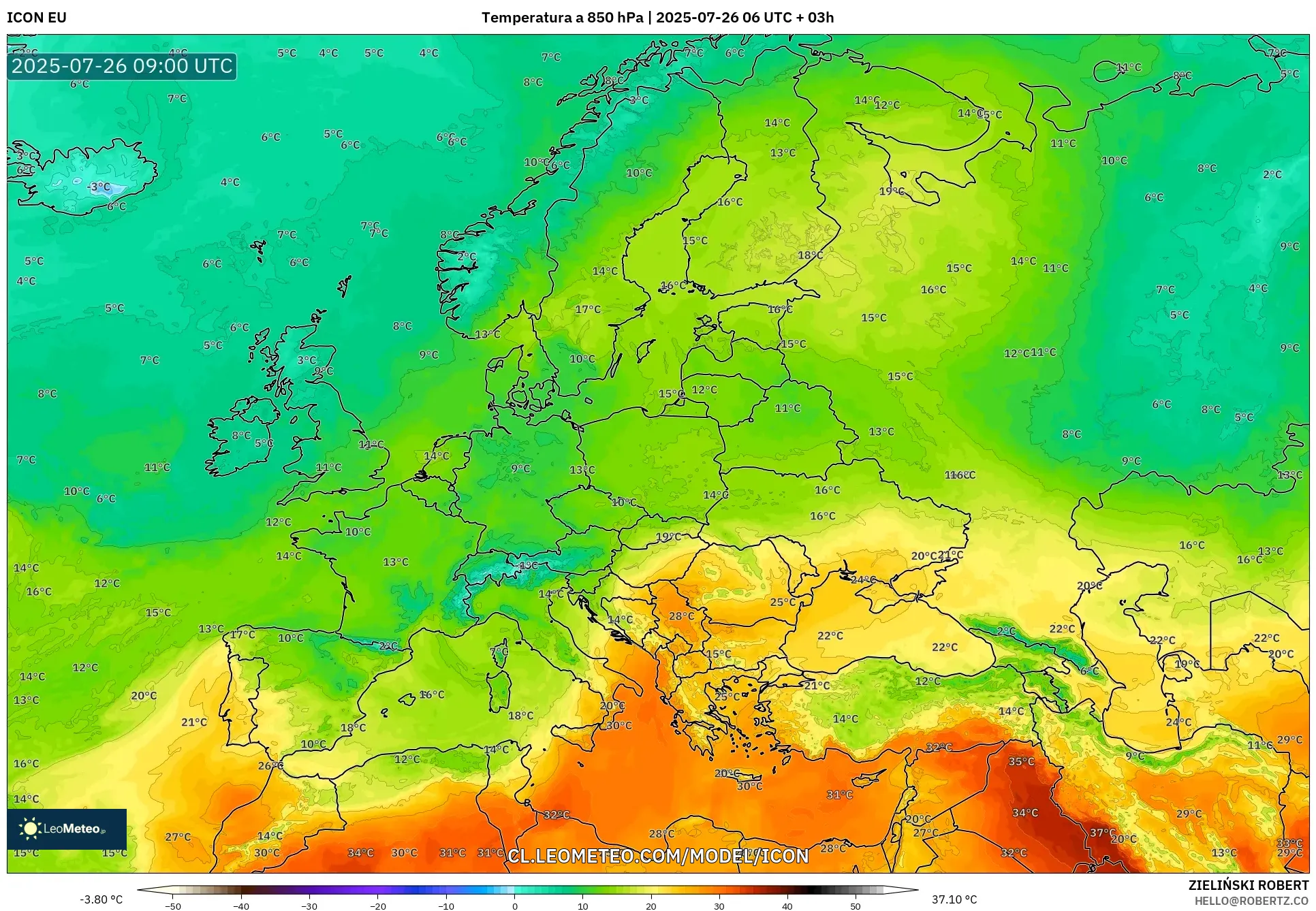 ICON model - Europa, Temperatura a 850 hPa
