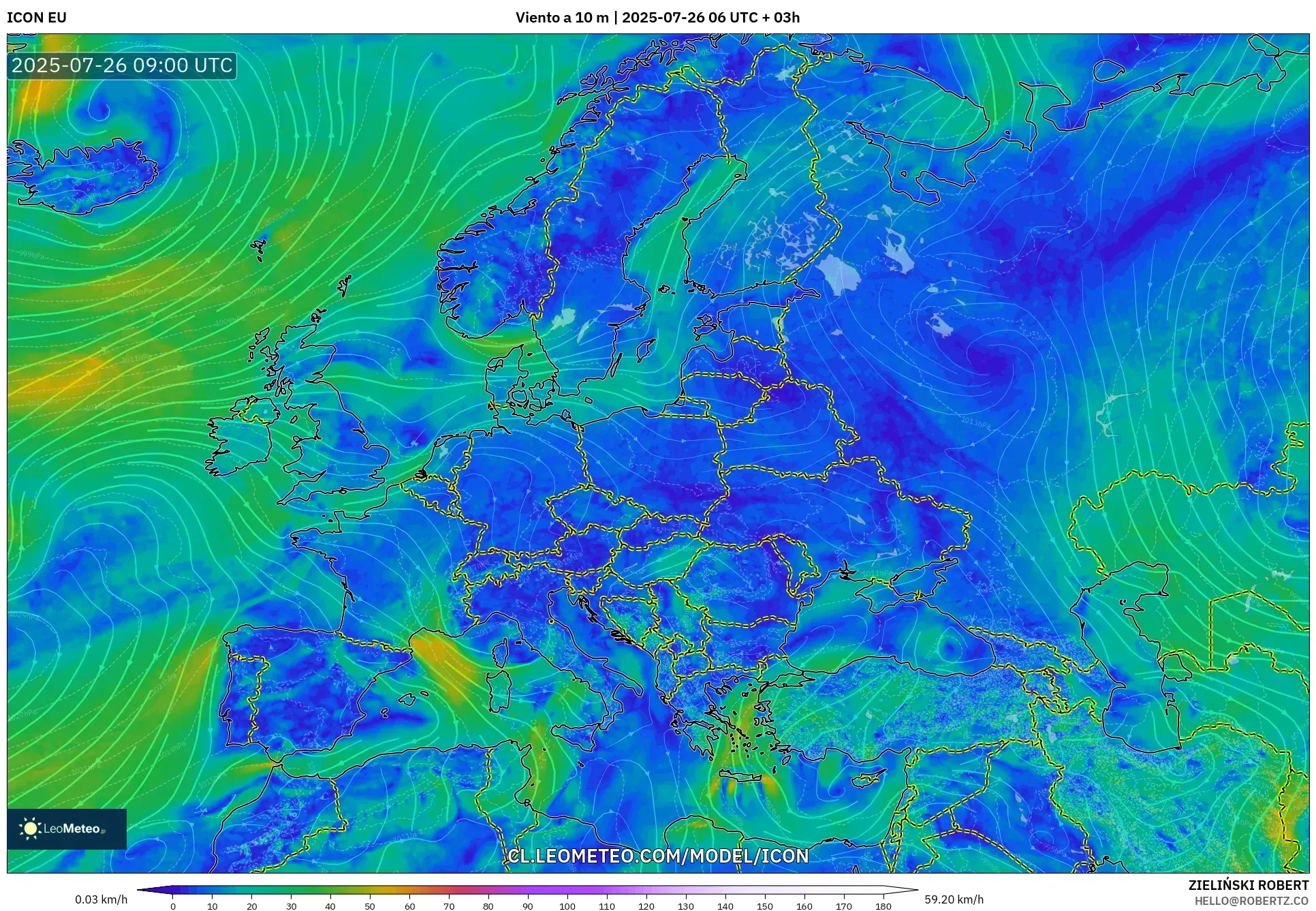 ICON model - Europa, Viento a 10 m