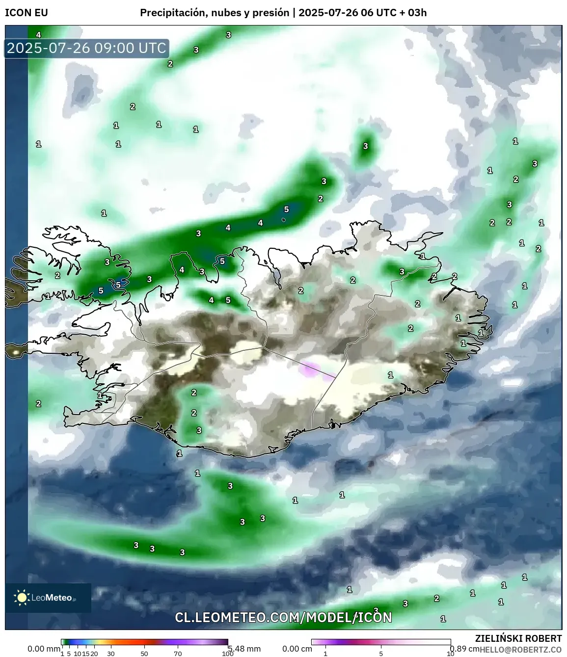 ICON model - Islandia, Precipitación, nubes y presión
