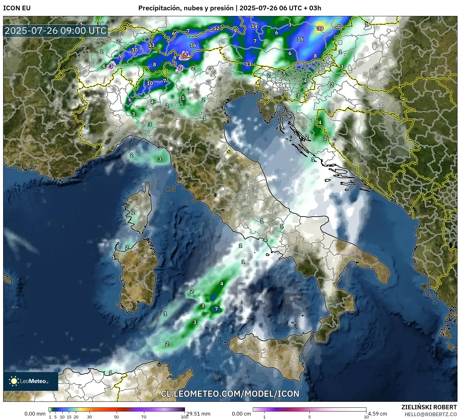 ICON model - Italia, Precipitación, nubes y presión