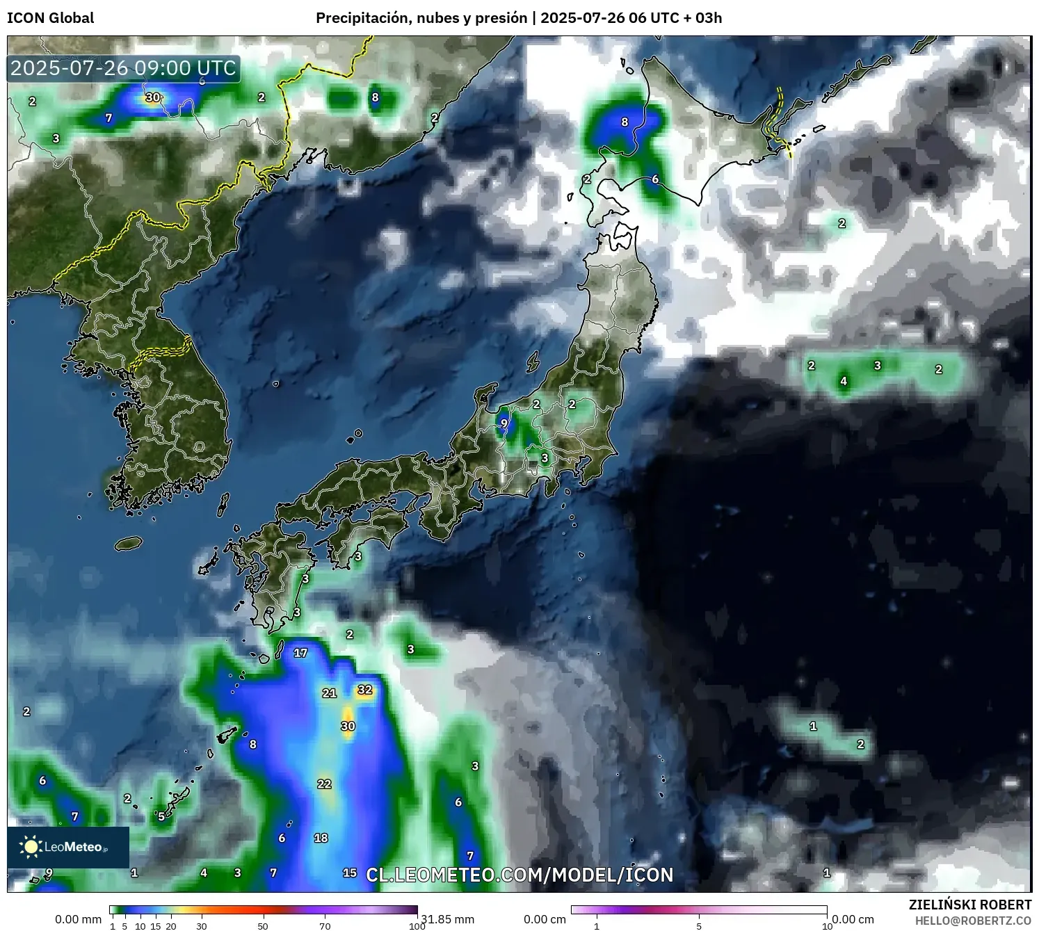 ICON model - Japón, Precipitación, nubes y presión