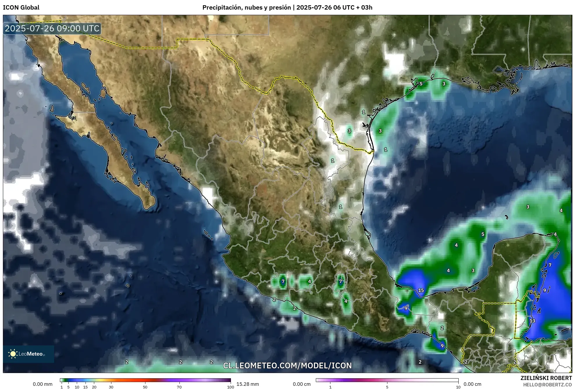 ICON model - México, Precipitación, nubes y presión