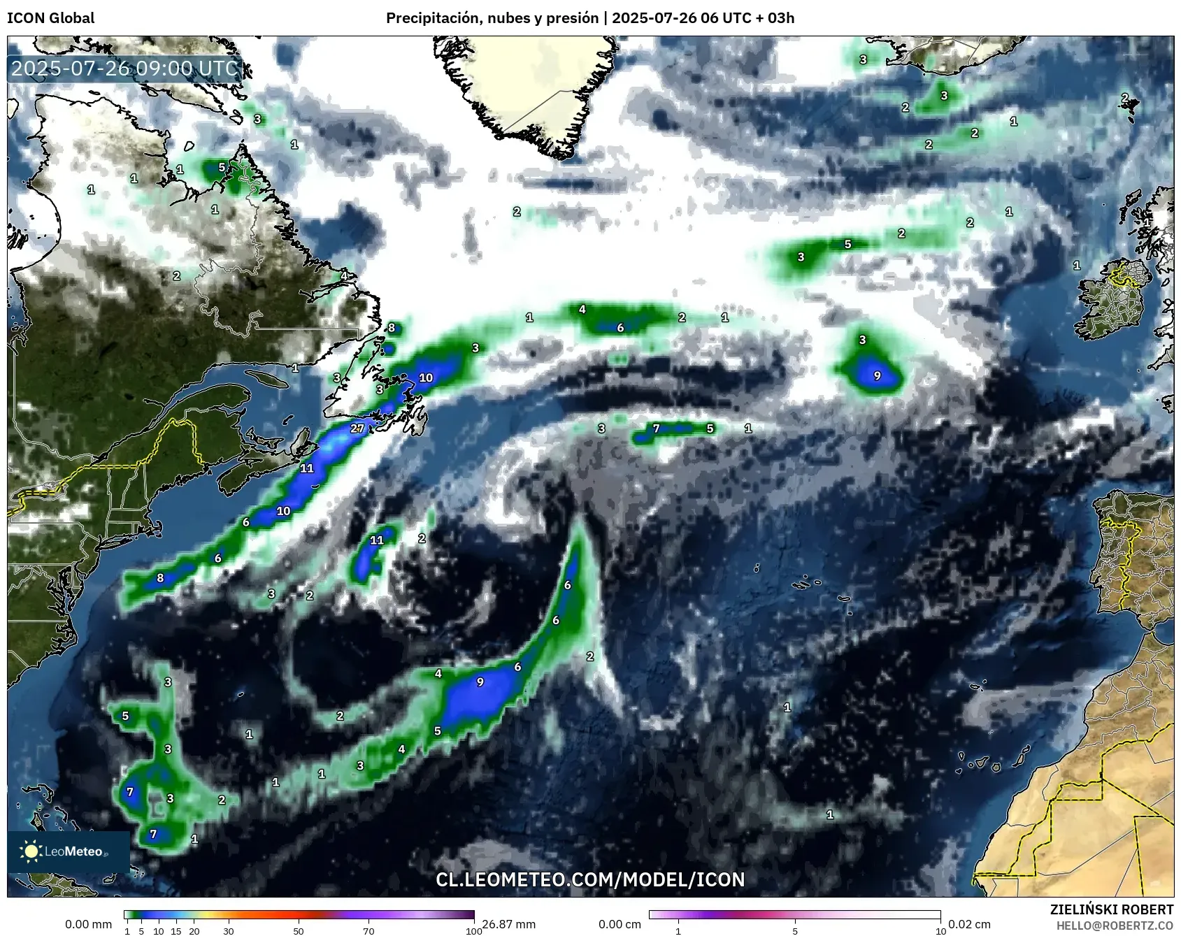 ICON model - Norte Atlántico, Precipitación, nubes y presión