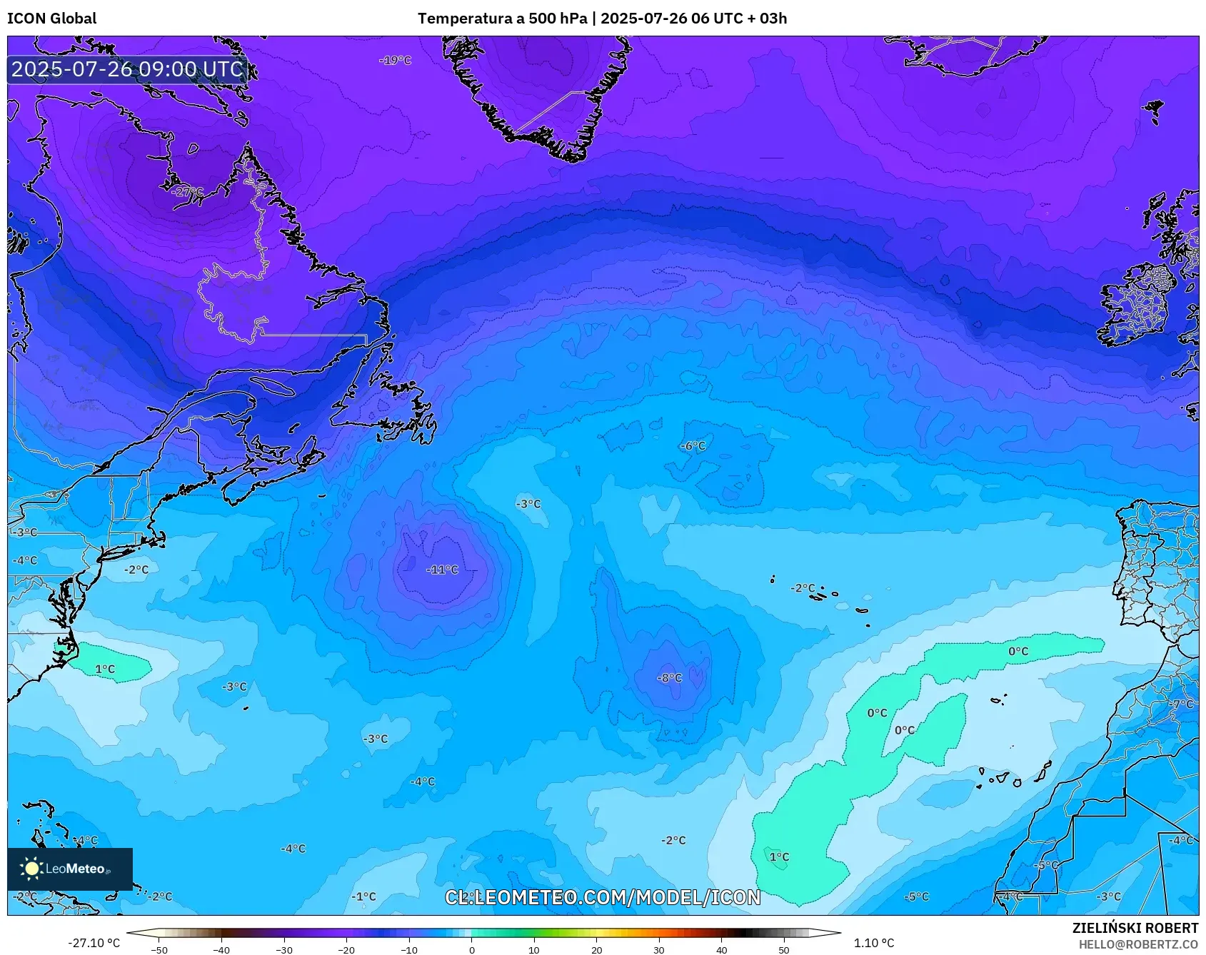 ICON model - Norte Atlántico, Temperatura a 500 hPa