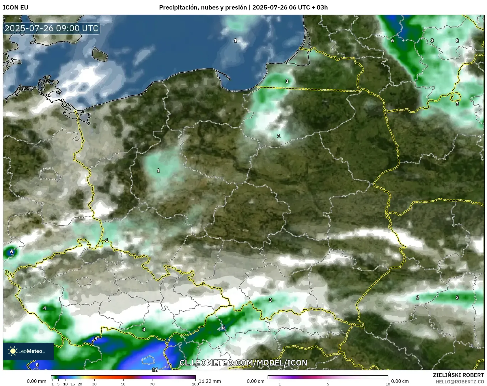 ICON model - Polonia, Precipitación, nubes y presión