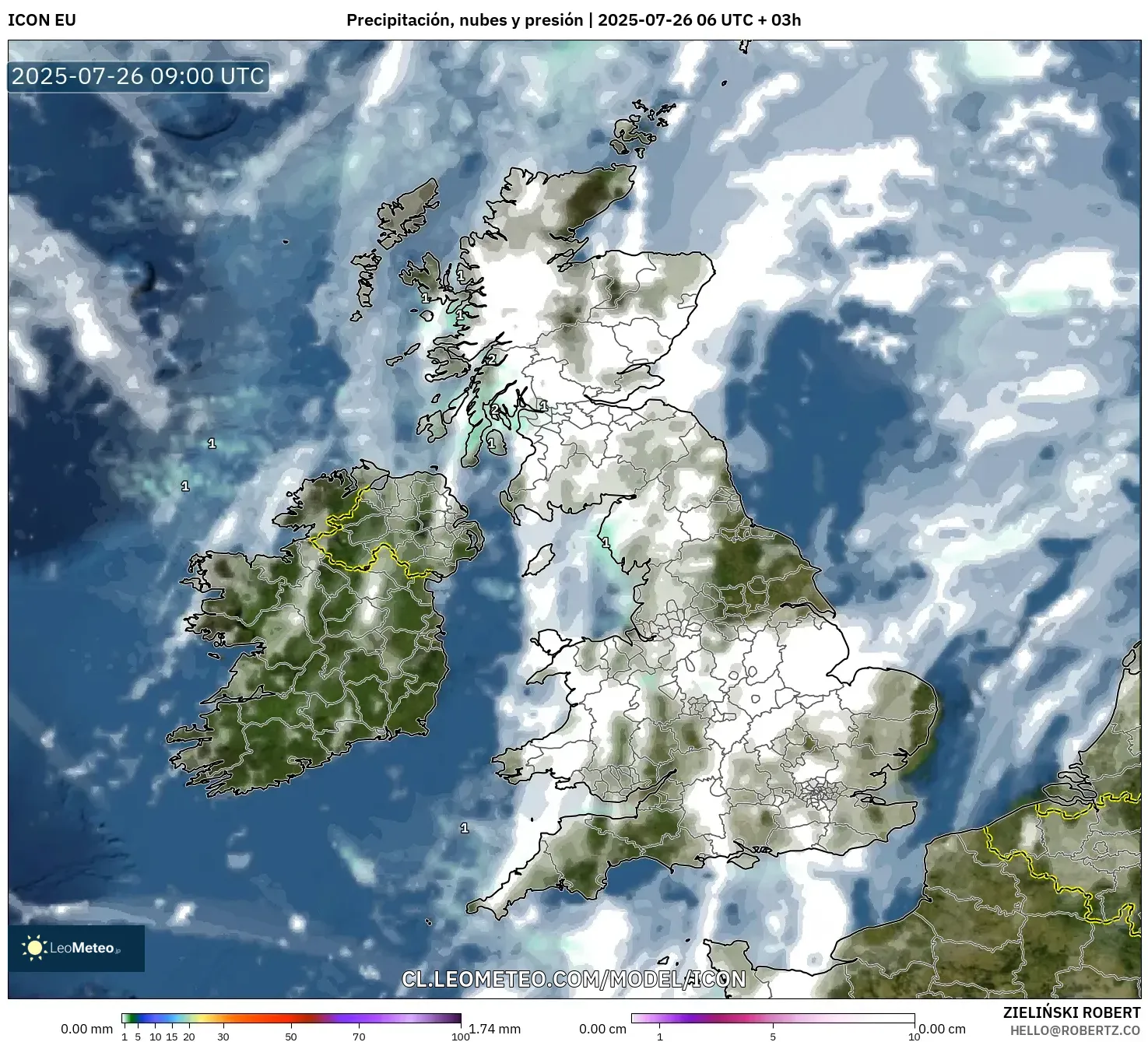 ICON model - Reino Unido, Precipitación, nubes y presión