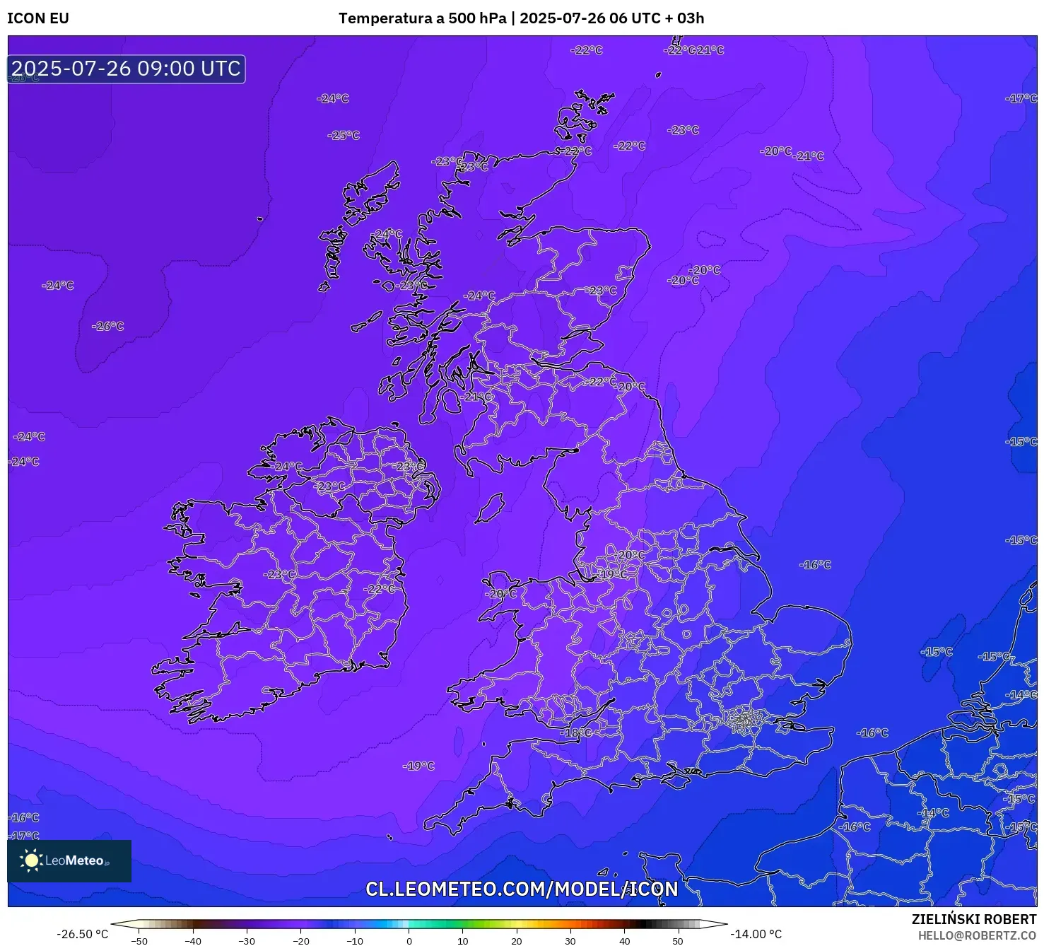 ICON model - Reino Unido, Temperatura a 500 hPa