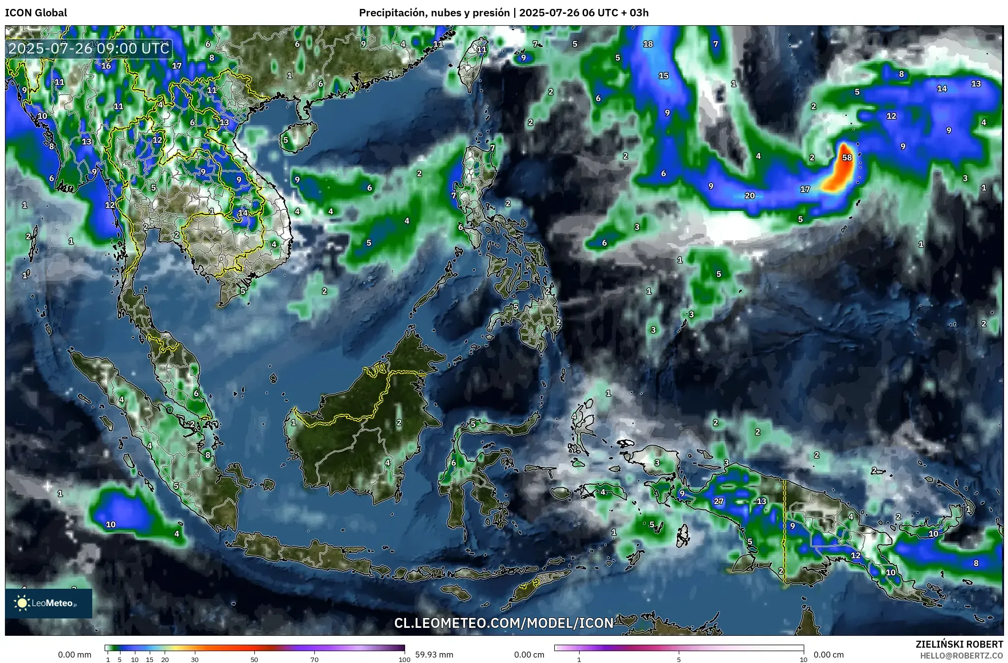 ICON model - Sudeste Asiático, Precipitación, nubes y presión