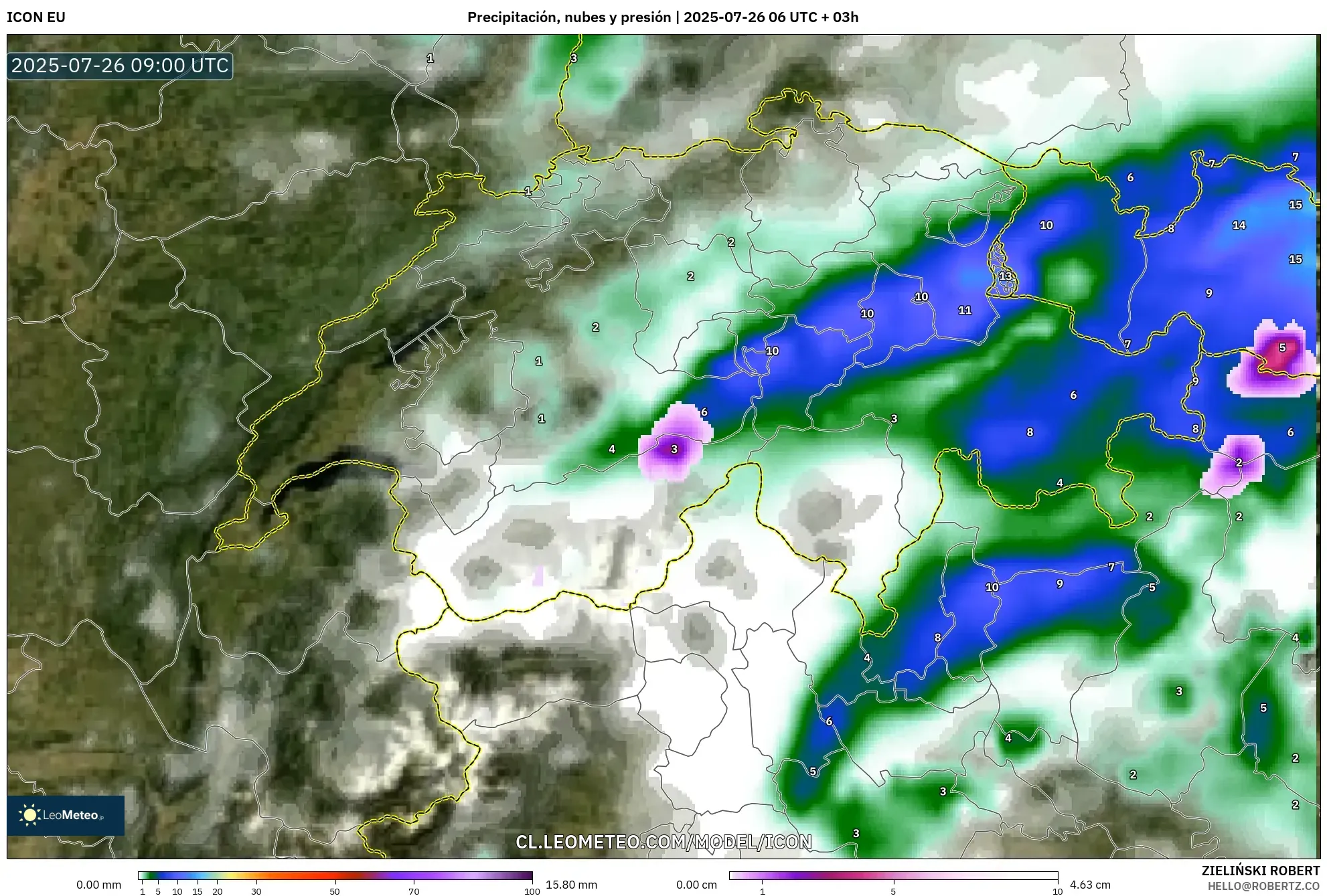ICON model - Suiza, Precipitación, nubes y presión