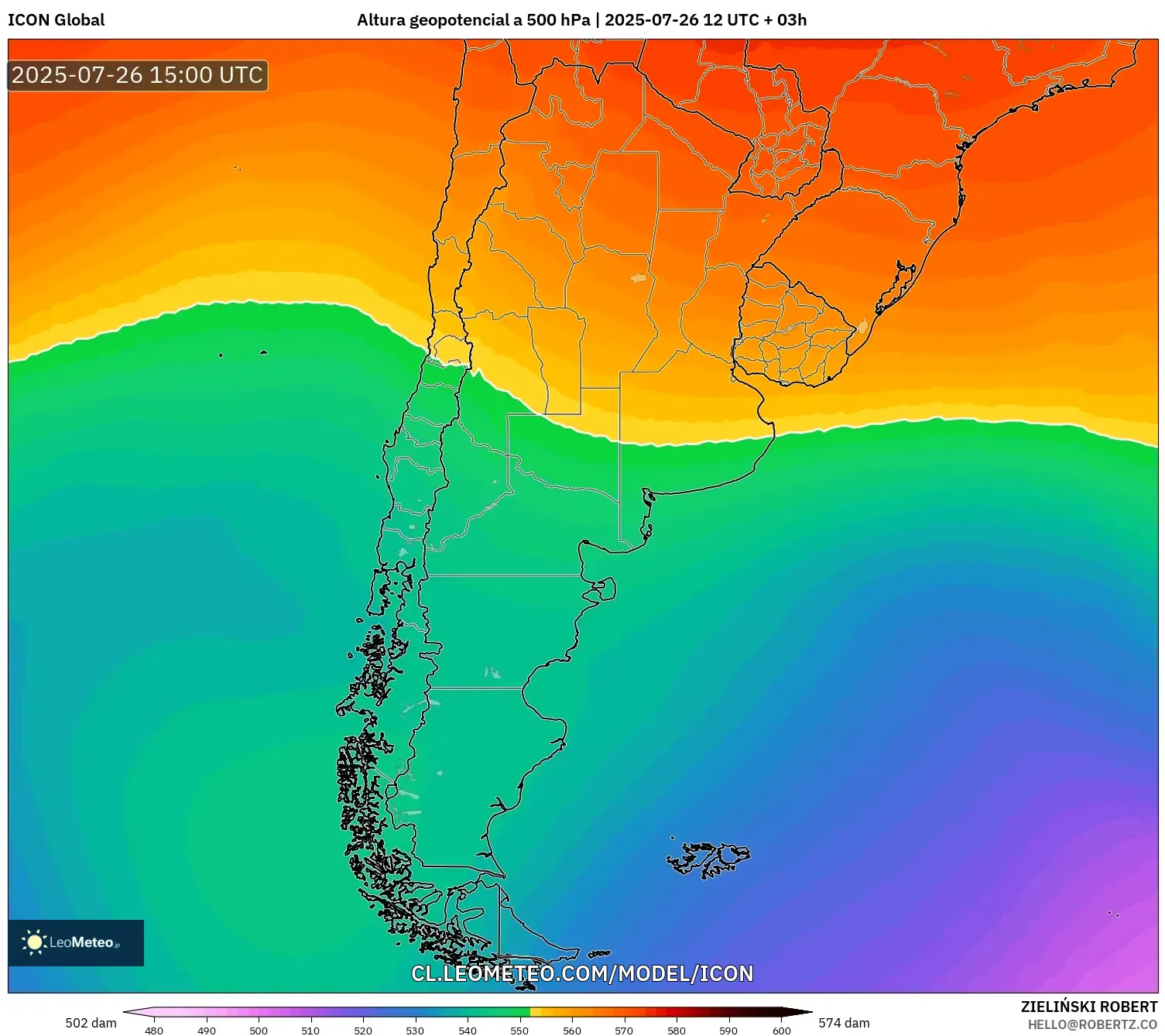 ICON model - Argentina, Altura geopotencial a 500 hPa