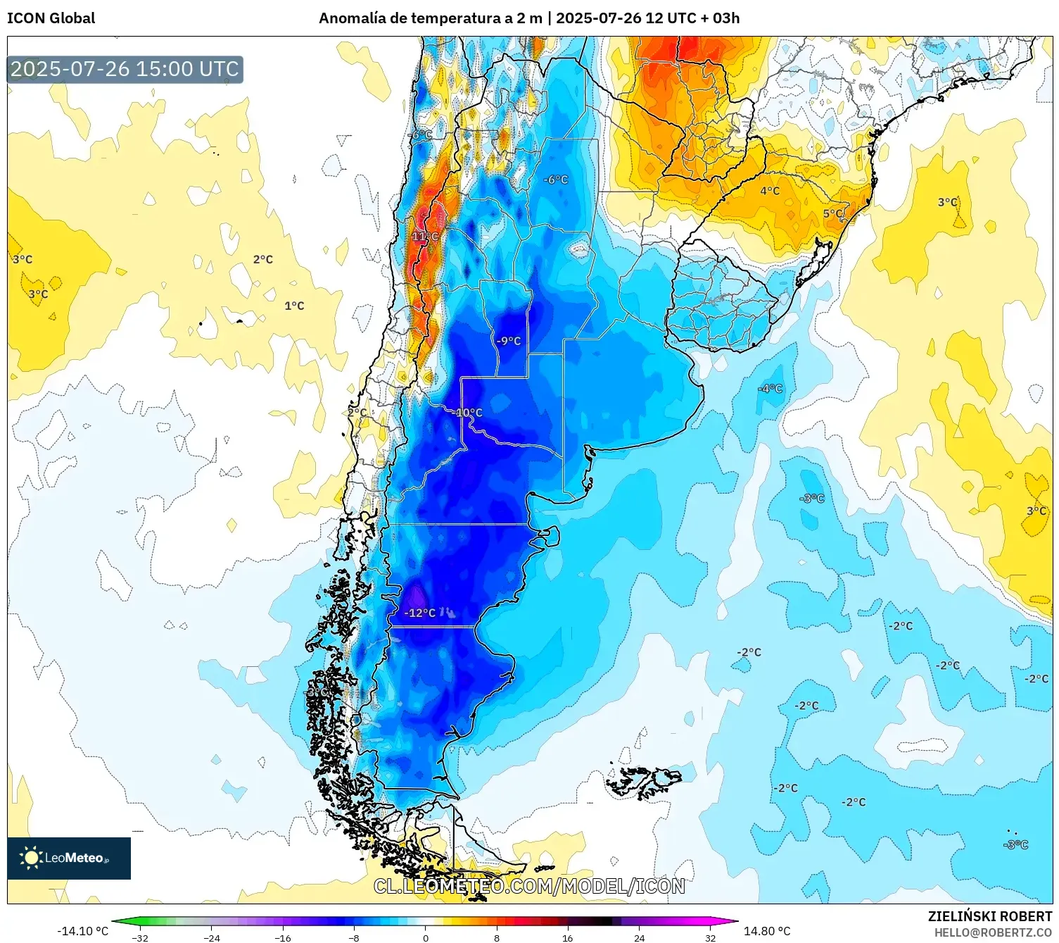ICON model - Argentina, Anomalía de temperatura a 2 m