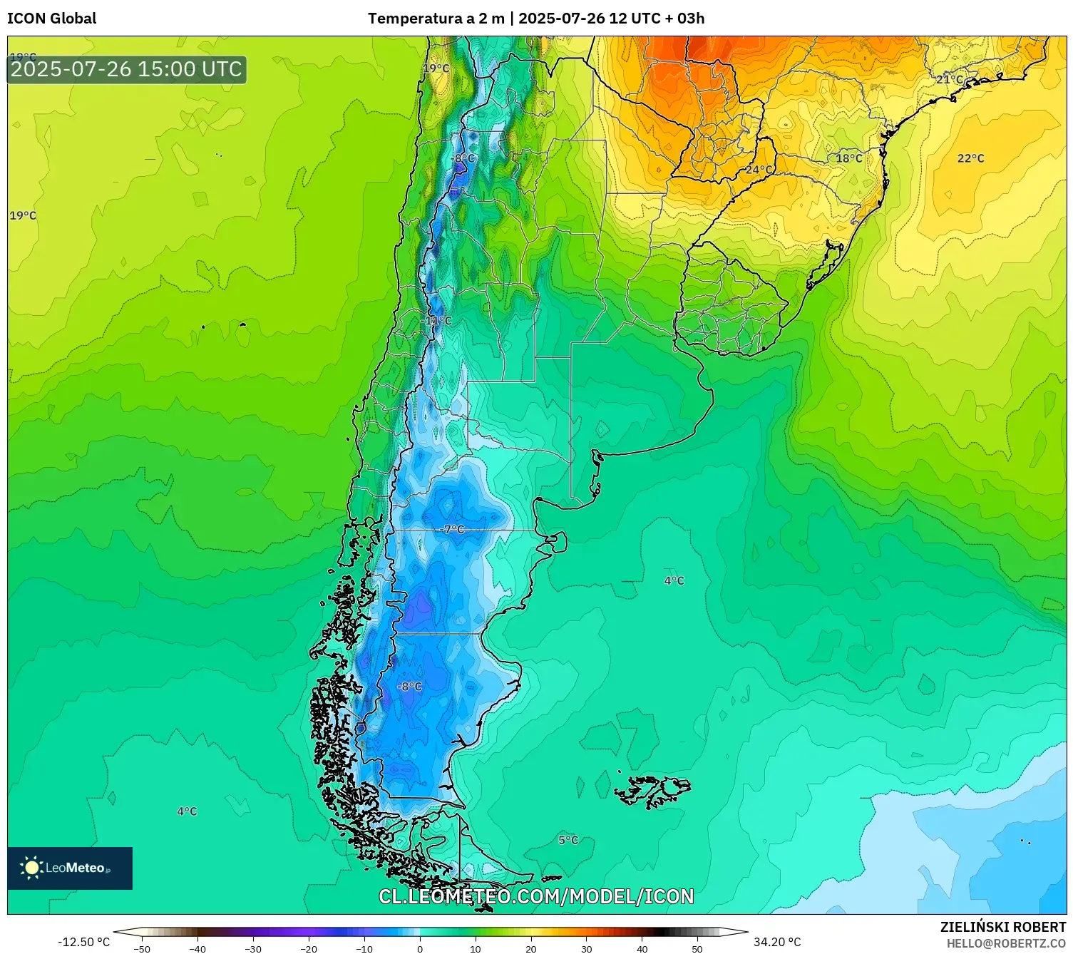 ICON model - Argentina, Temperatura a 2 m