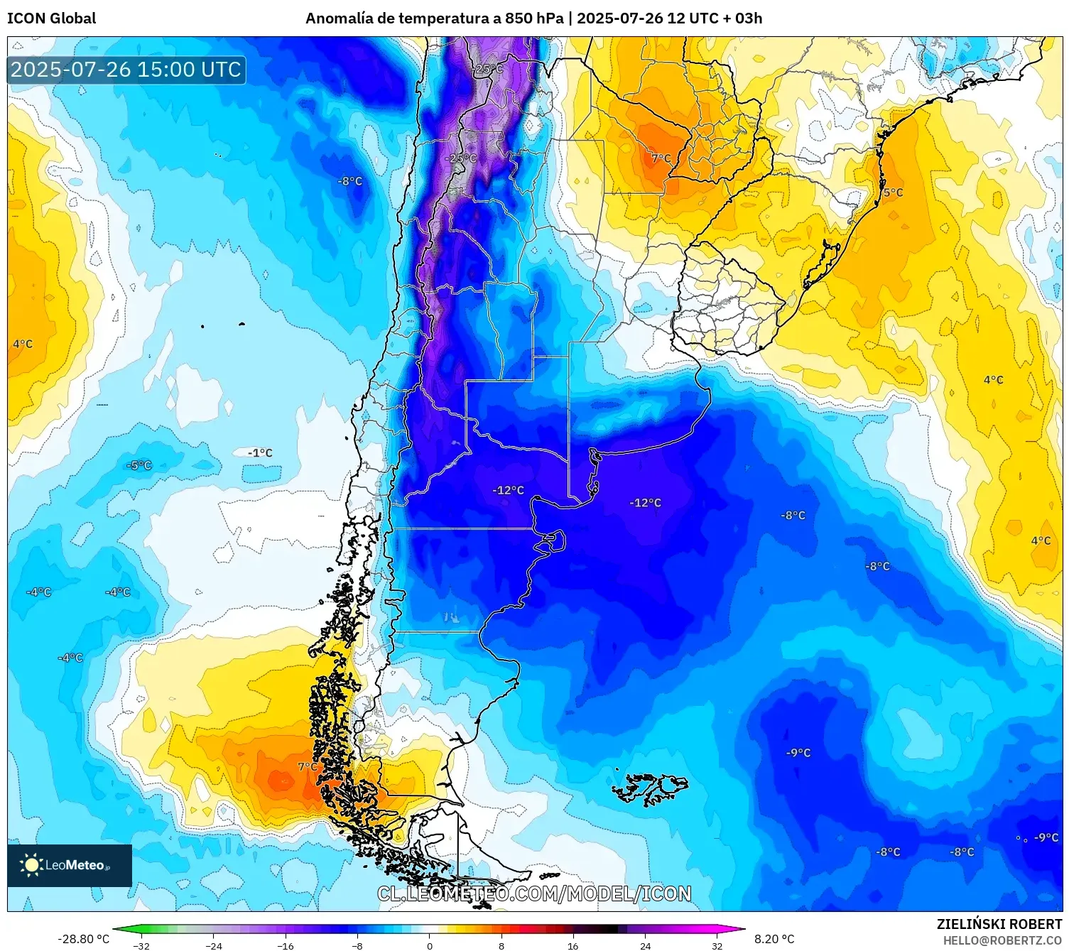 ICON model - Argentina, Anomalía de temperatura a 850 hPa