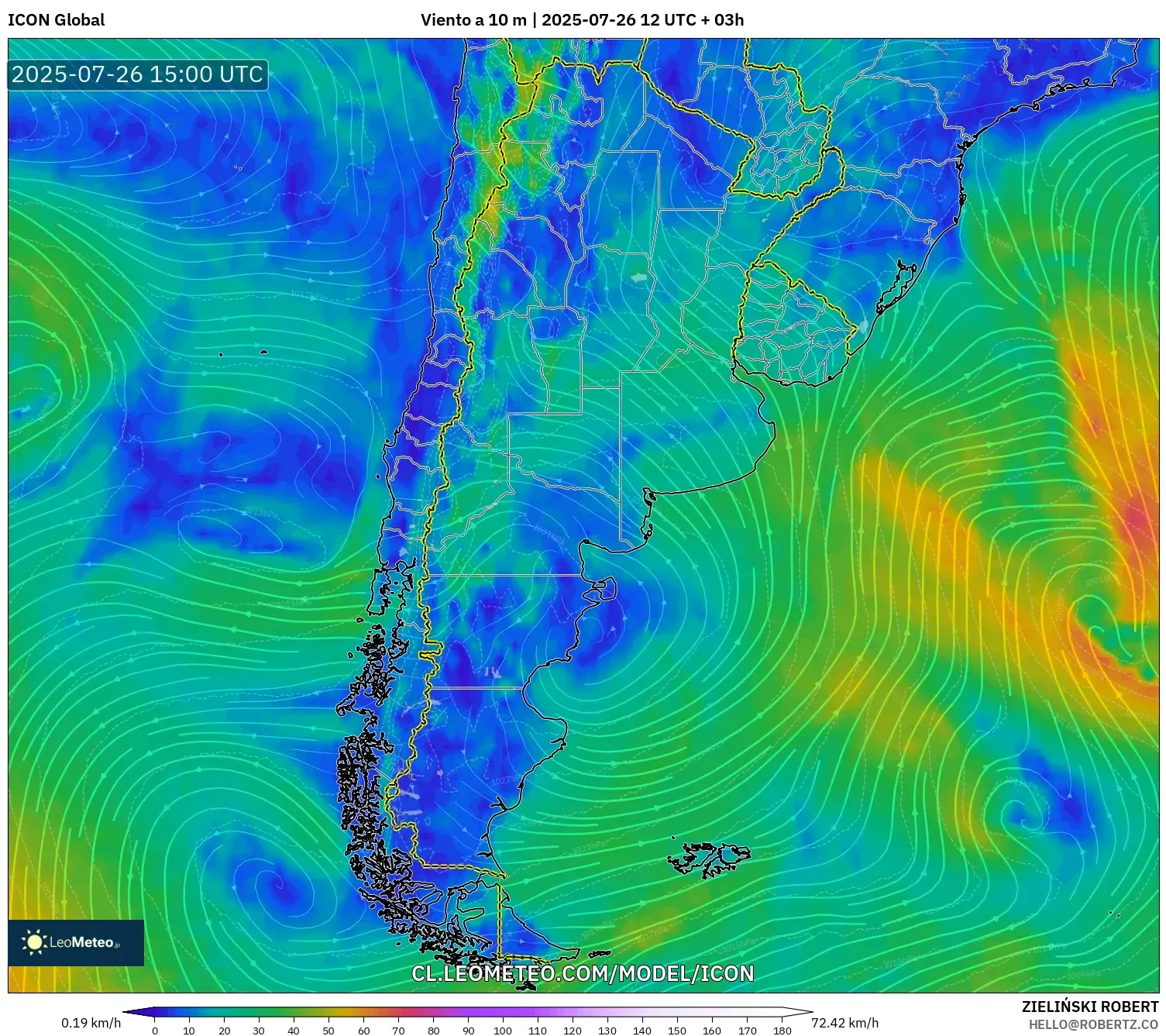 ICON model - Argentina, Viento a 10 m