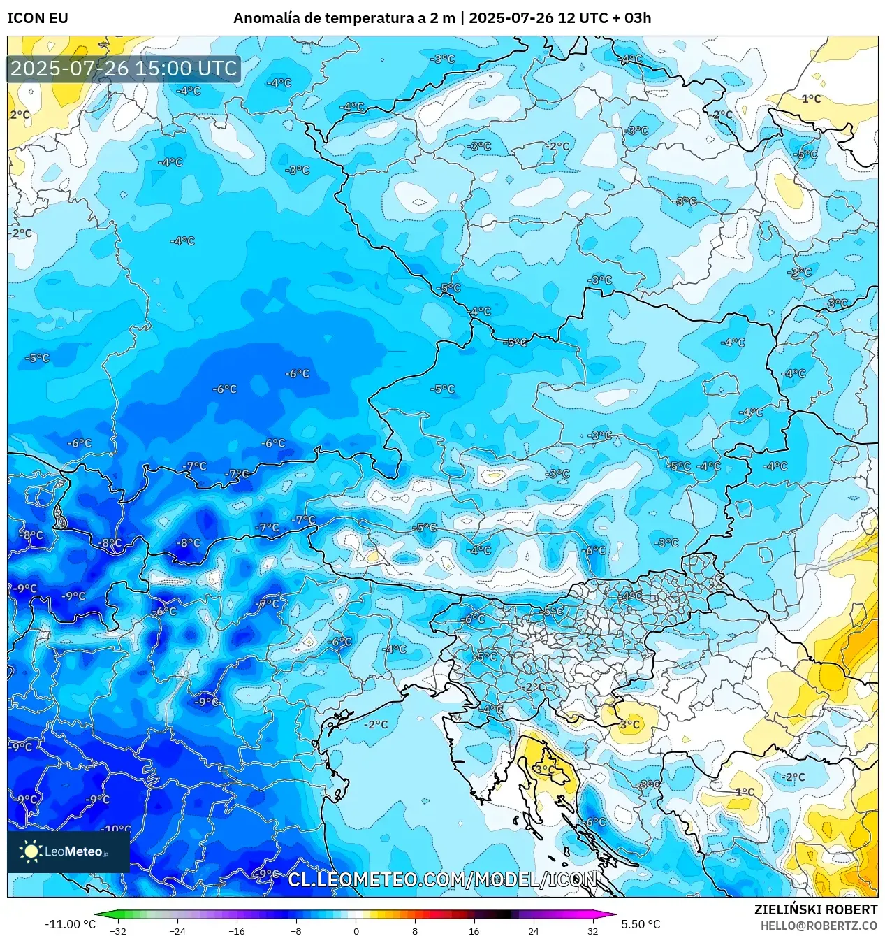 ICON model - Austria, Anomalía de temperatura a 2 m