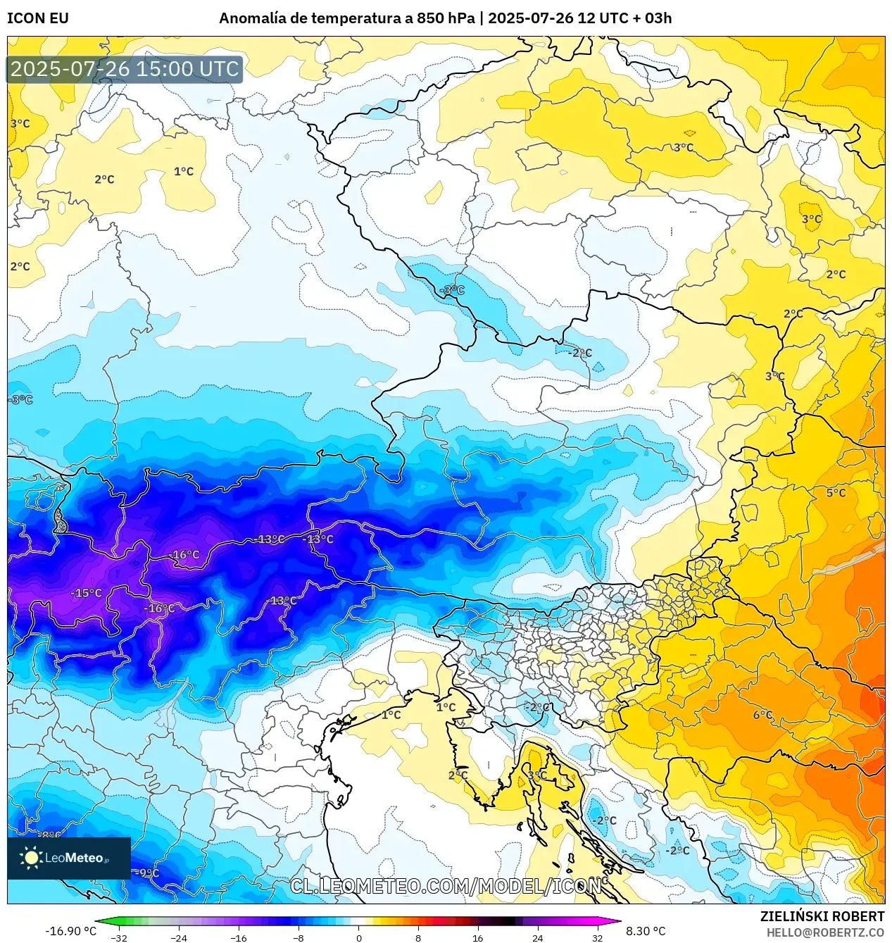 ICON model - Austria, Anomalía de temperatura a 850 hPa