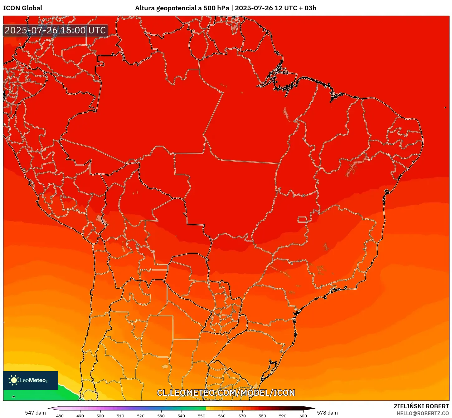ICON model - Brasil, Altura geopotencial a 500 hPa