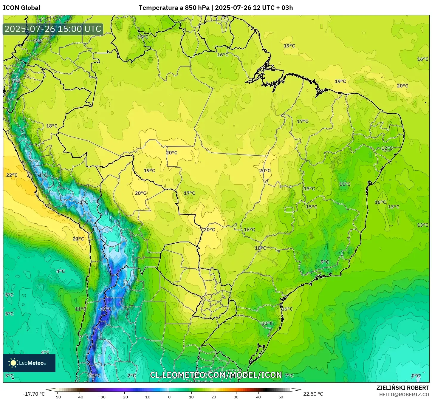 ICON model - Brasil, Temperatura a 850 hPa