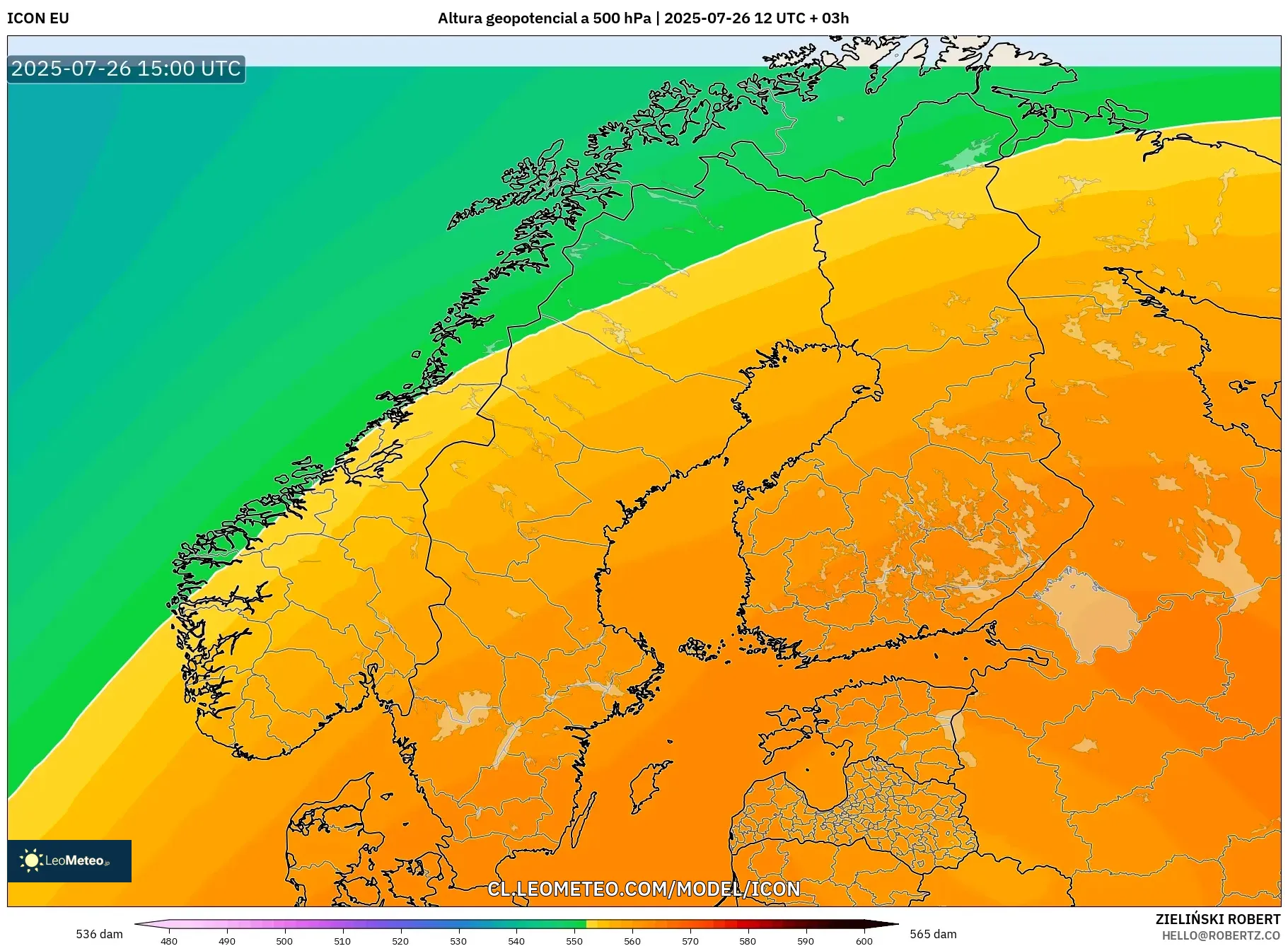 ICON model - Escandinavia, Altura geopotencial a 500 hPa