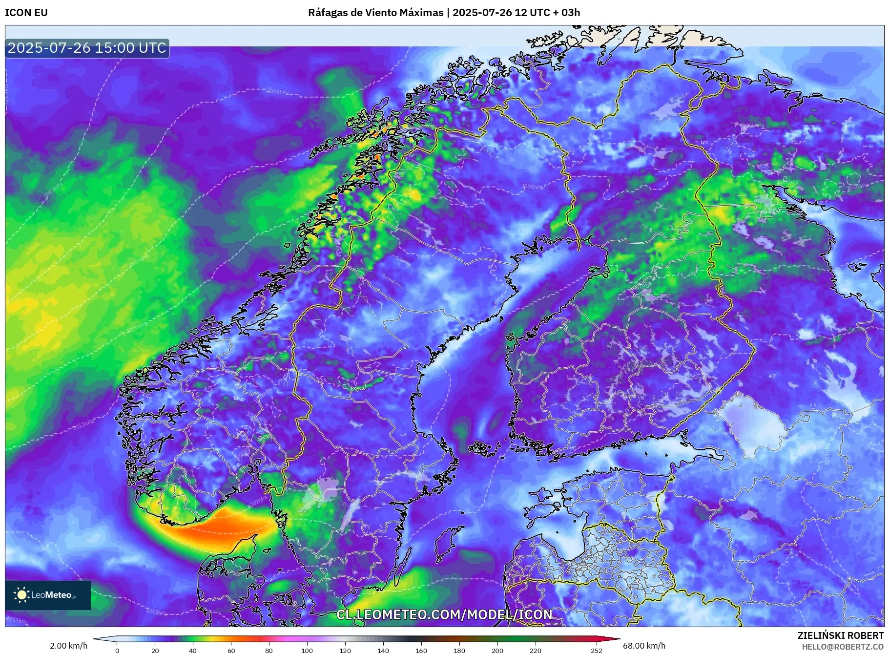 ICON model - Escandinavia, Ráfagas de Viento Máximas