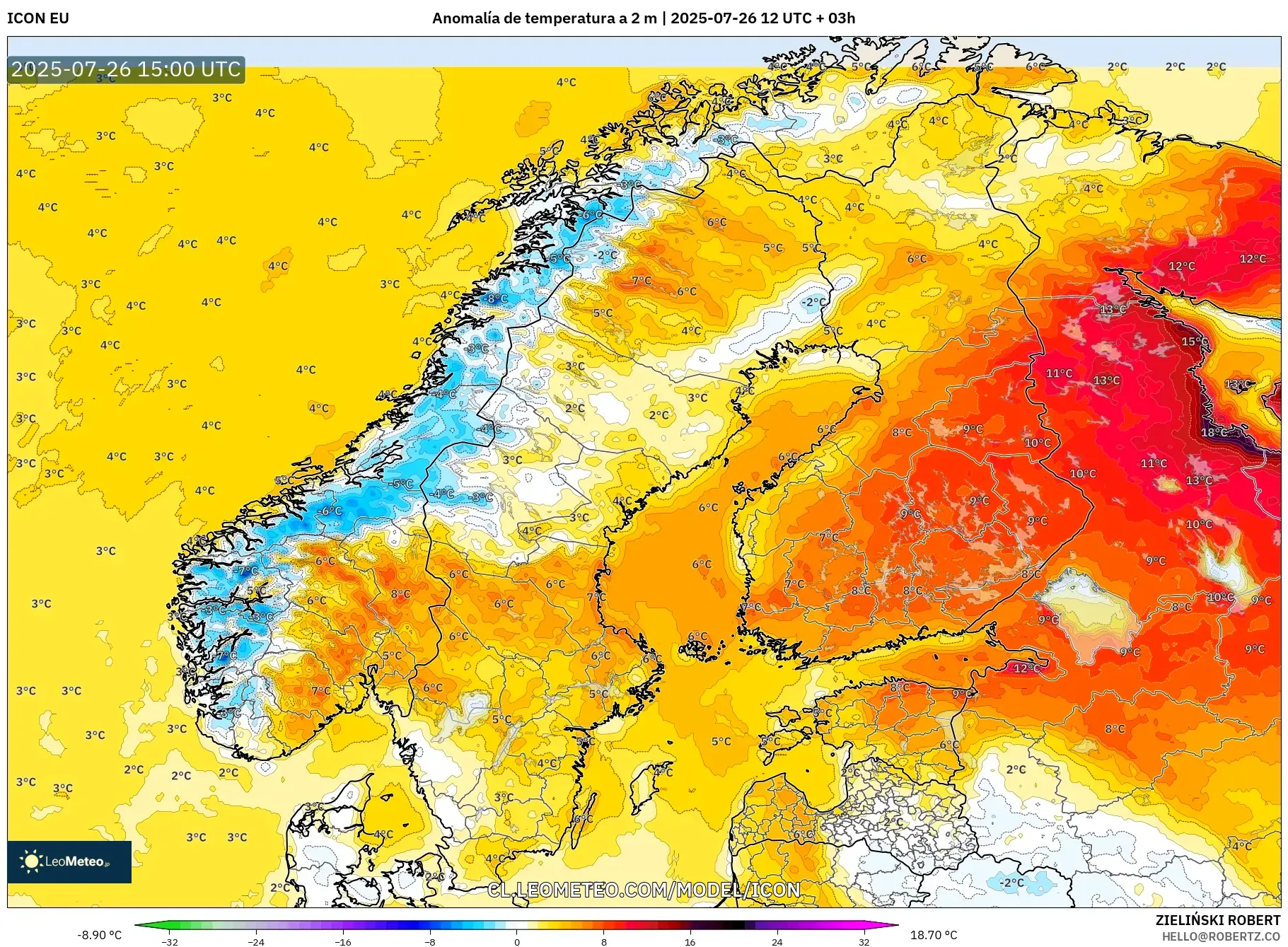 ICON model - Escandinavia, Anomalía de temperatura a 2 m