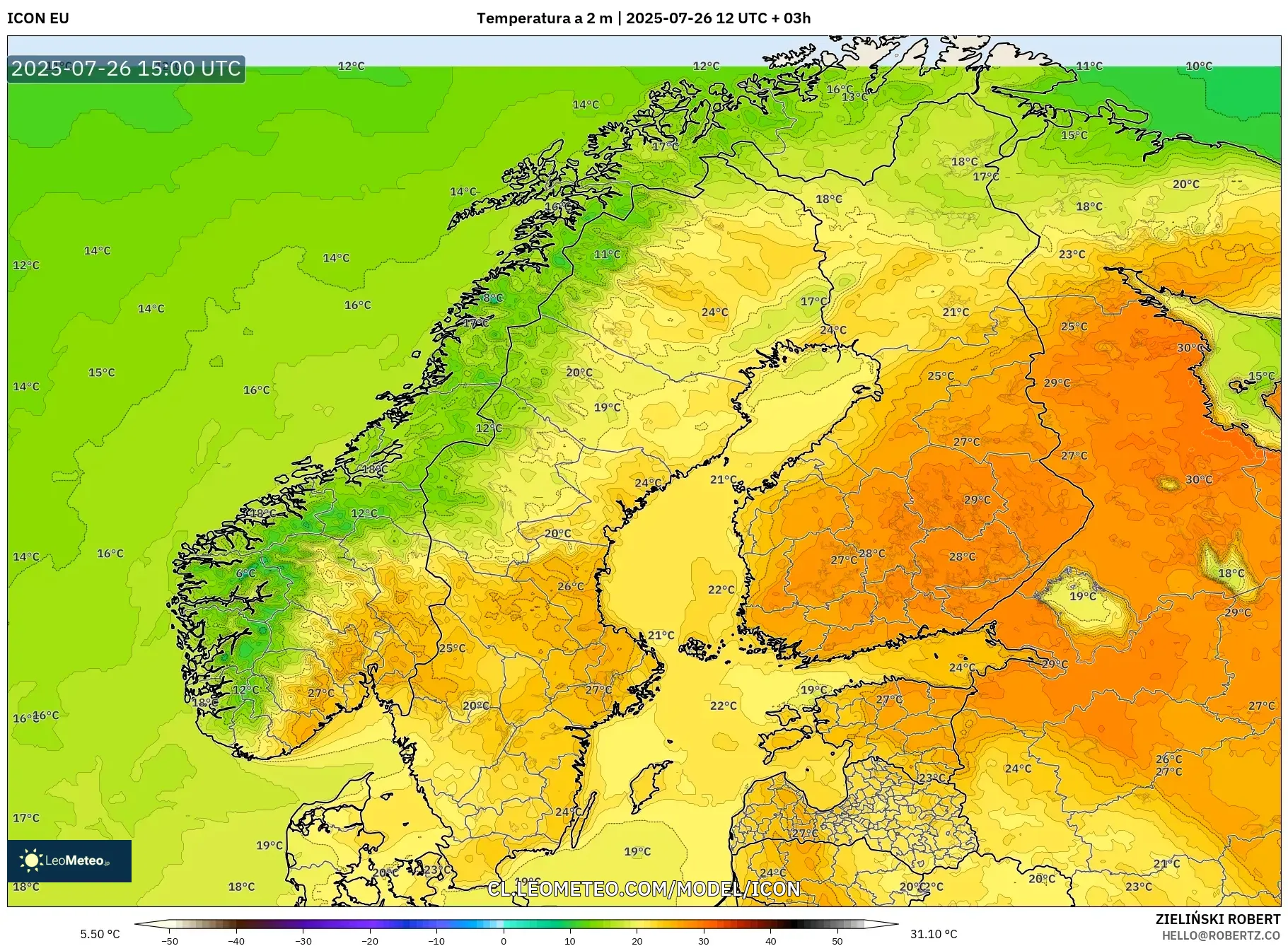 ICON model - Escandinavia, Temperatura a 2 m