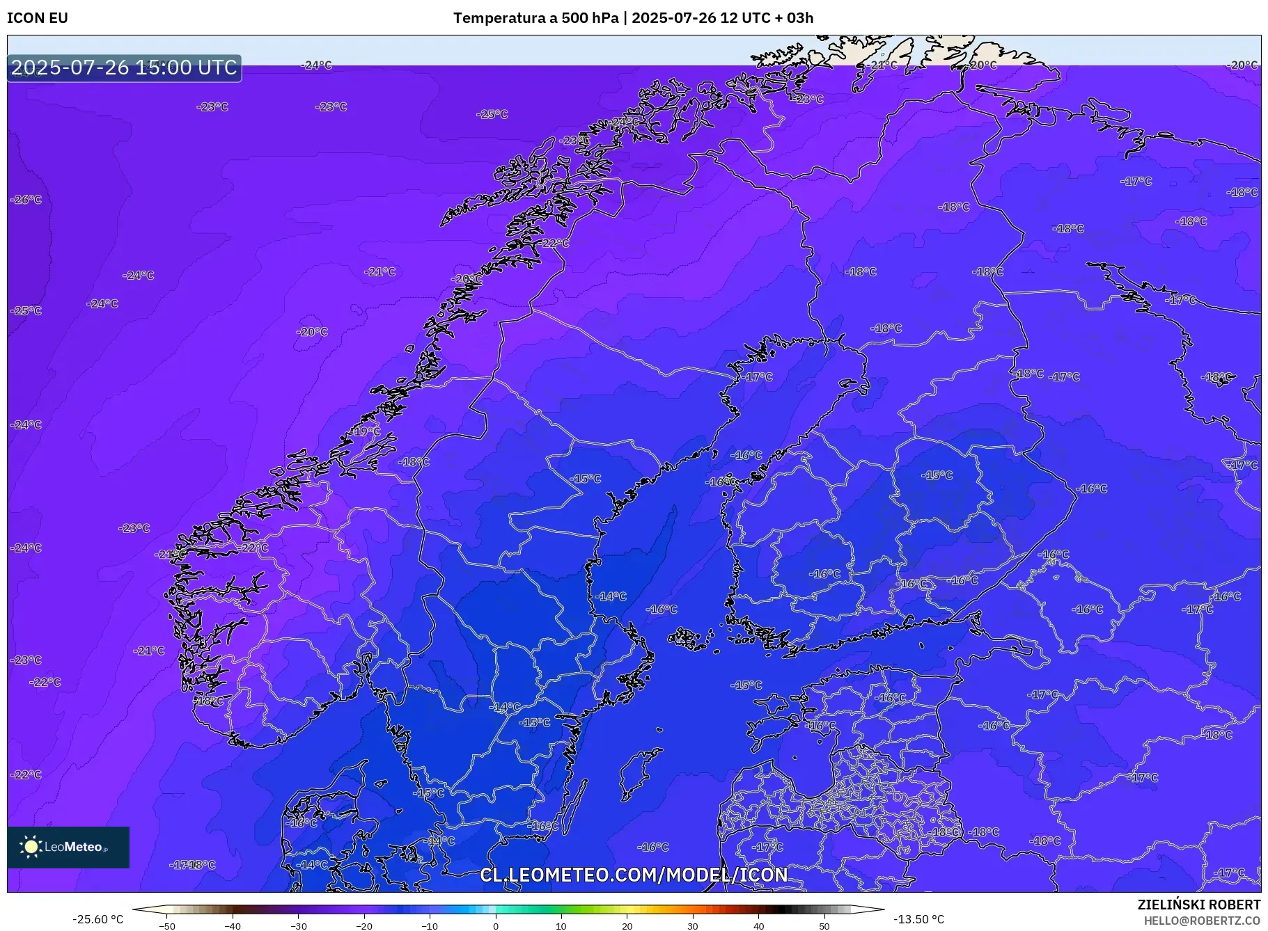 ICON model - Escandinavia, Temperatura a 500 hPa