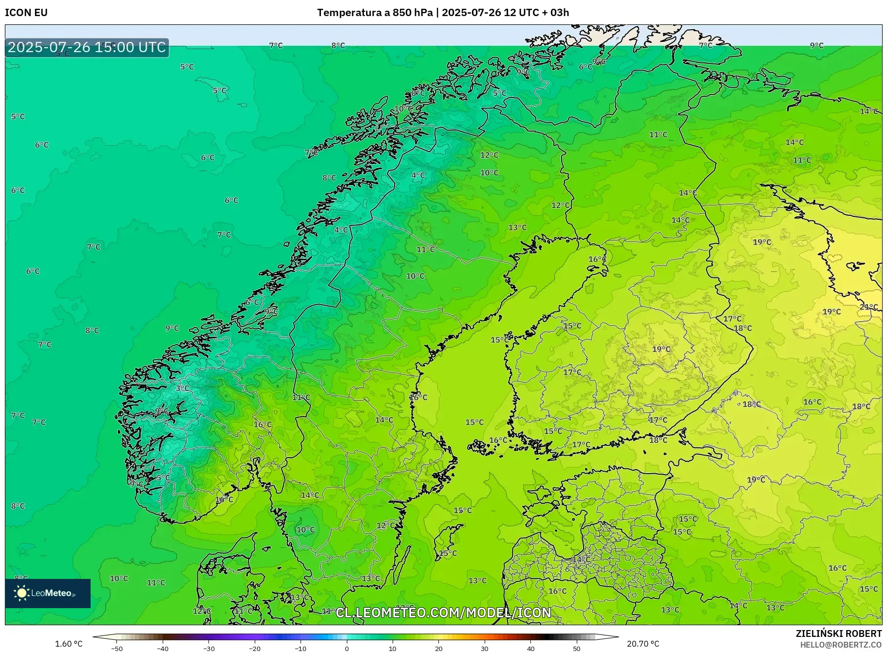ICON model - Escandinavia, Temperatura a 850 hPa