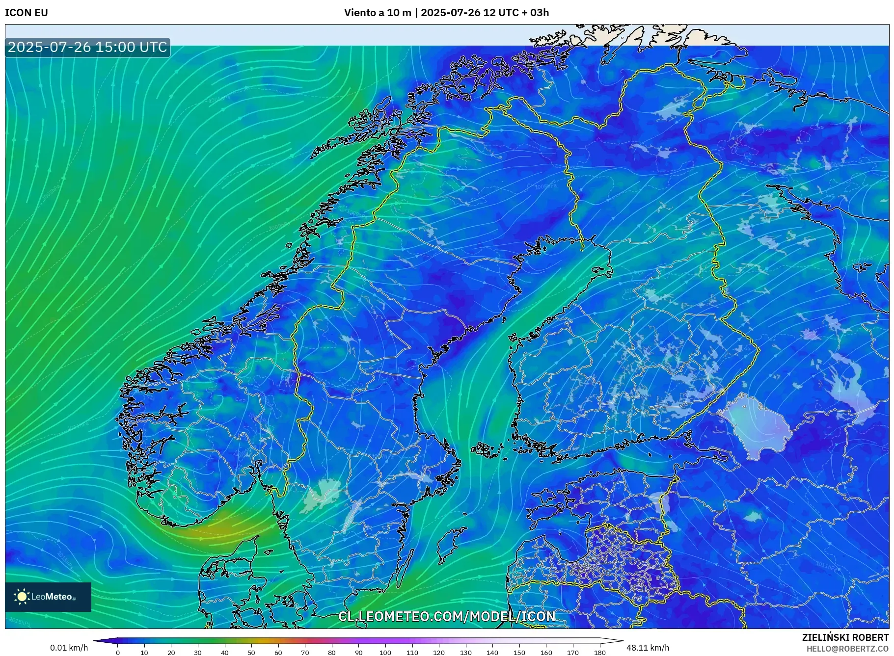 ICON model - Escandinavia, Viento a 10 m