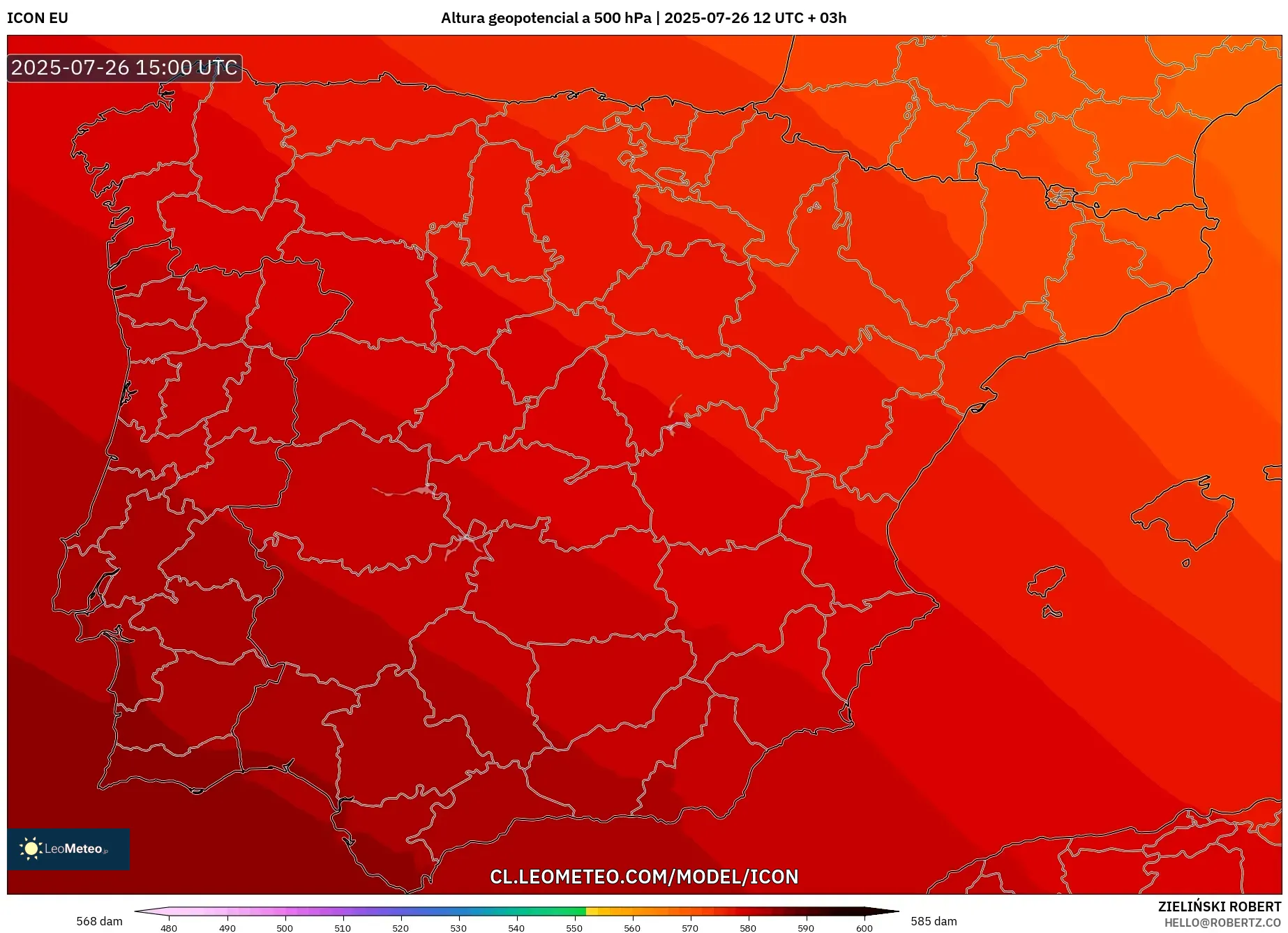 ICON model - España, Altura geopotencial a 500 hPa
