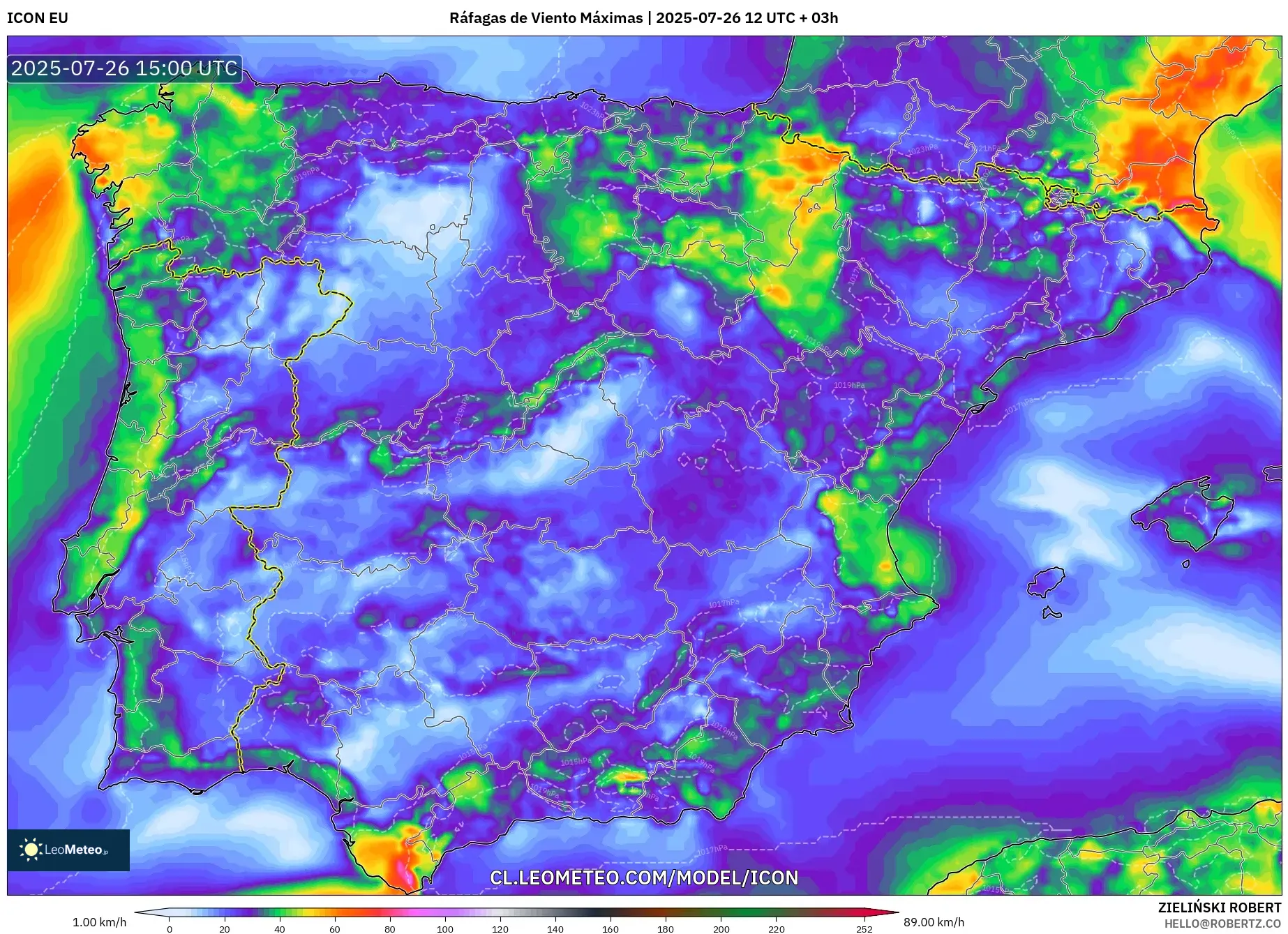 ICON model - España, Ráfagas de Viento Máximas