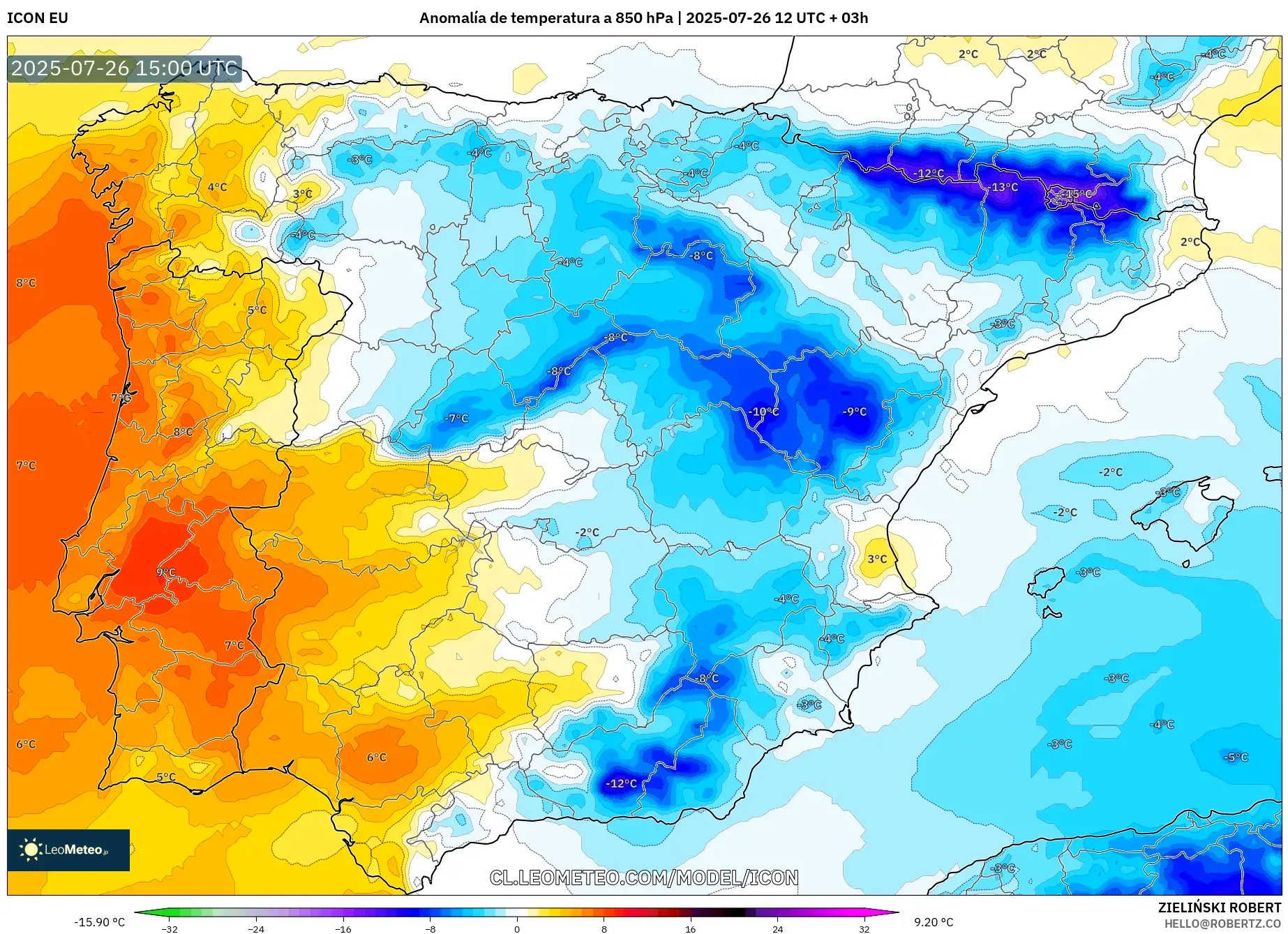 ICON model - España, Anomalía de temperatura a 850 hPa