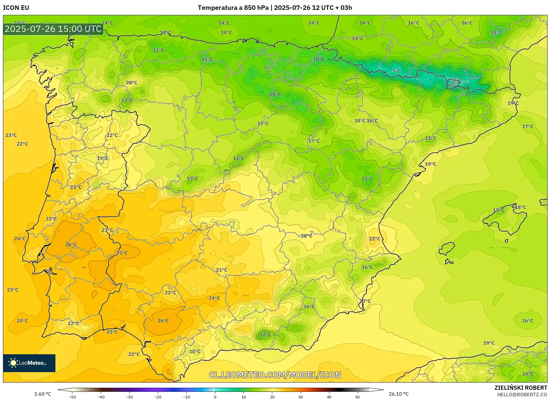 ICON model - España, Temperatura a 850 hPa
