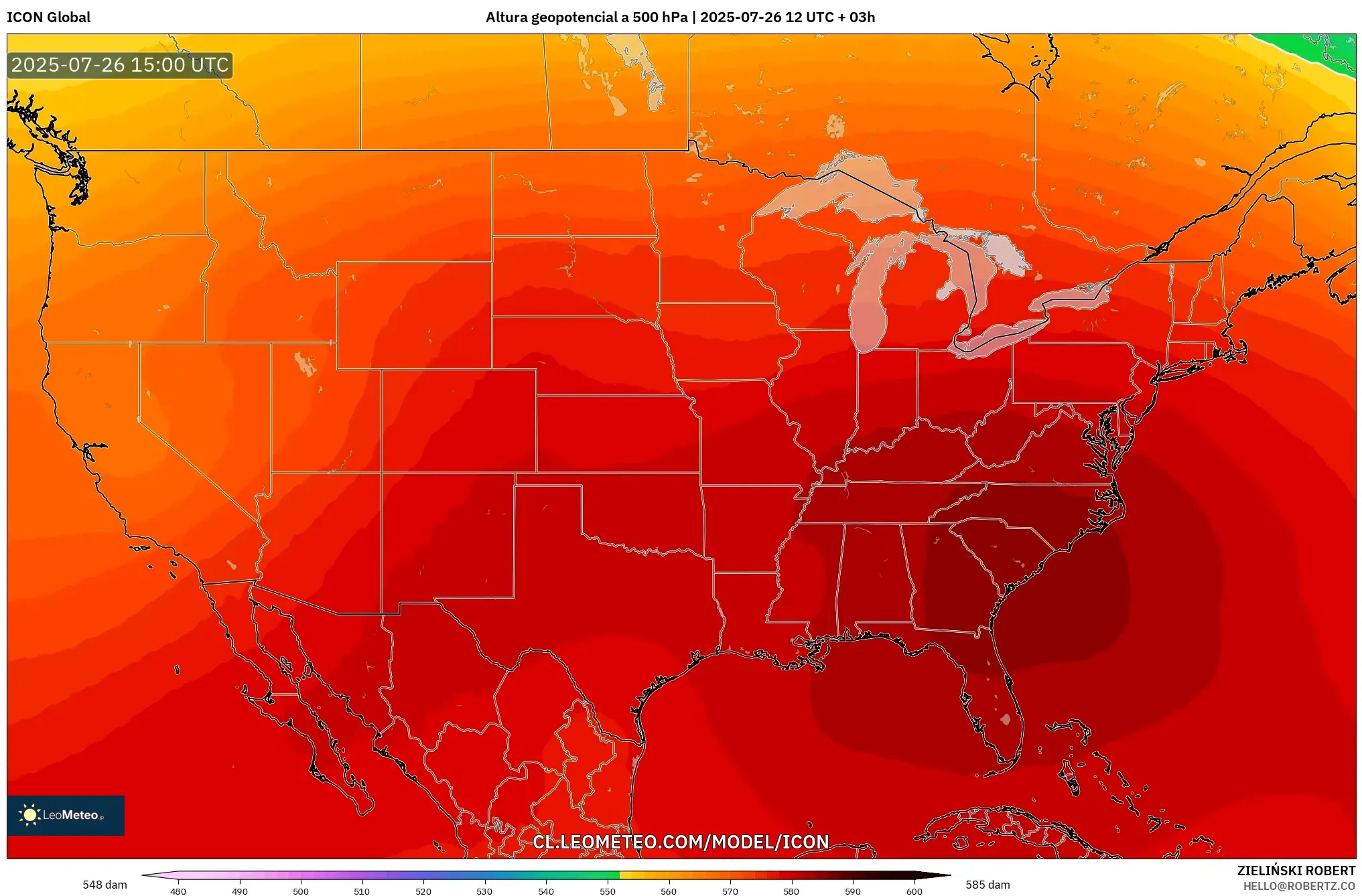ICON model - Estados Unidos, Altura geopotencial a 500 hPa