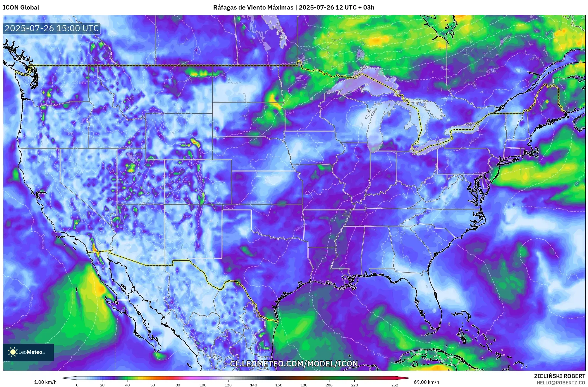 ICON model - Estados Unidos, Ráfagas de Viento Máximas