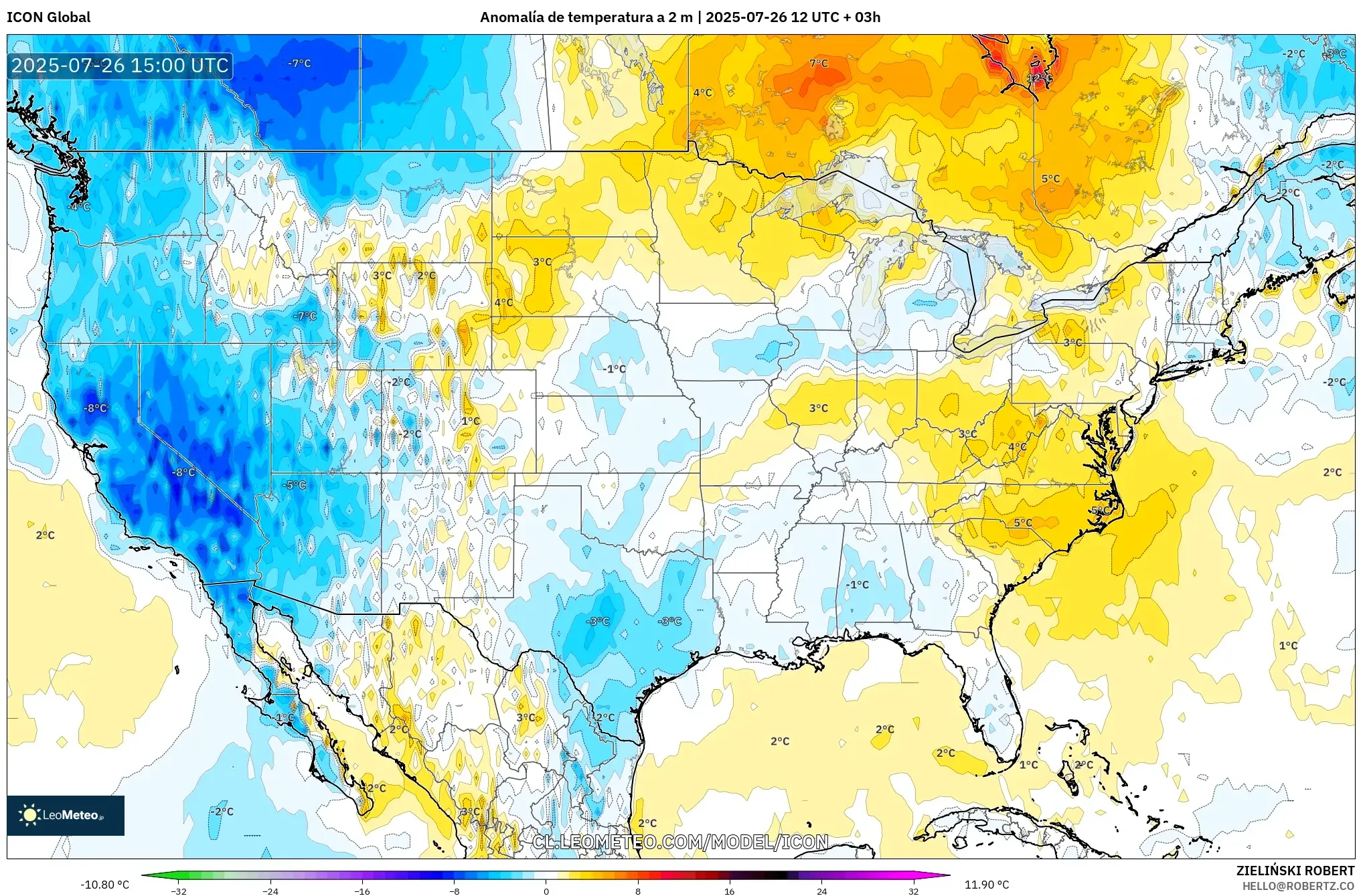 ICON model - Estados Unidos, Anomalía de temperatura a 2 m