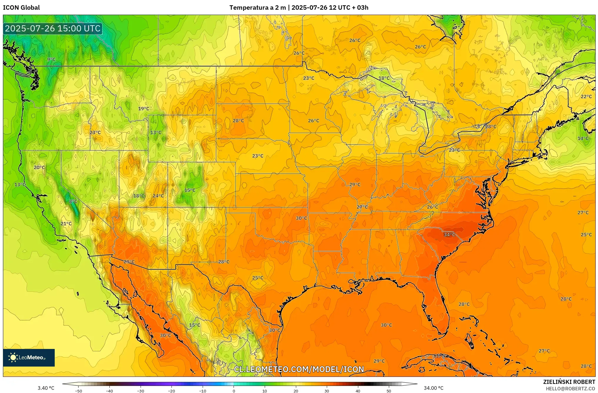 ICON model - Estados Unidos, Temperatura a 2 m