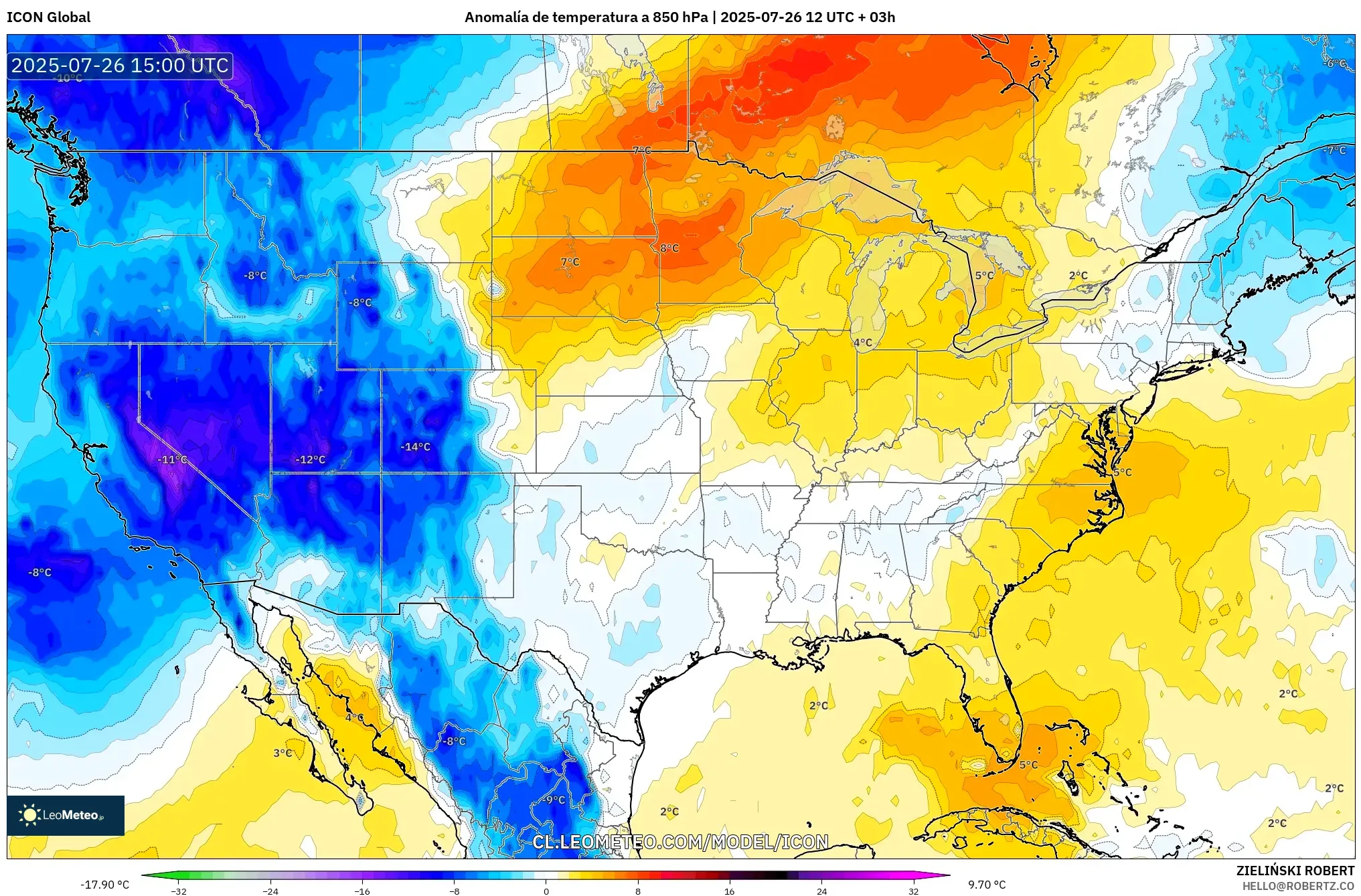 ICON model - Estados Unidos, Anomalía de temperatura a 850 hPa