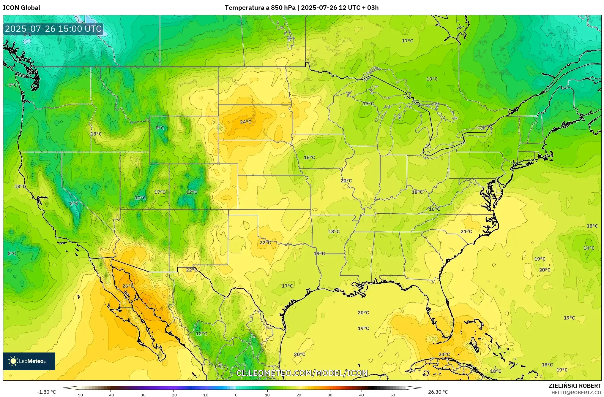 ICON model - Estados Unidos, Temperatura a 850 hPa
