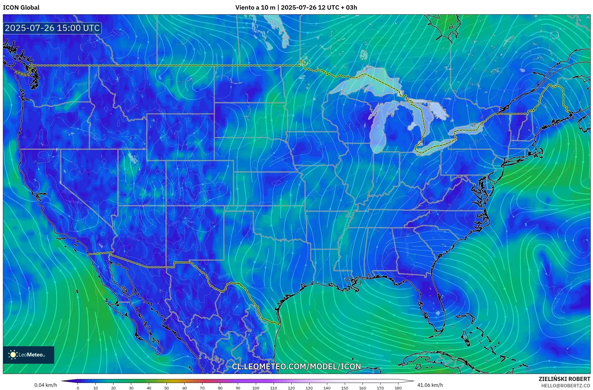 ICON model - Estados Unidos, Viento a 10 m