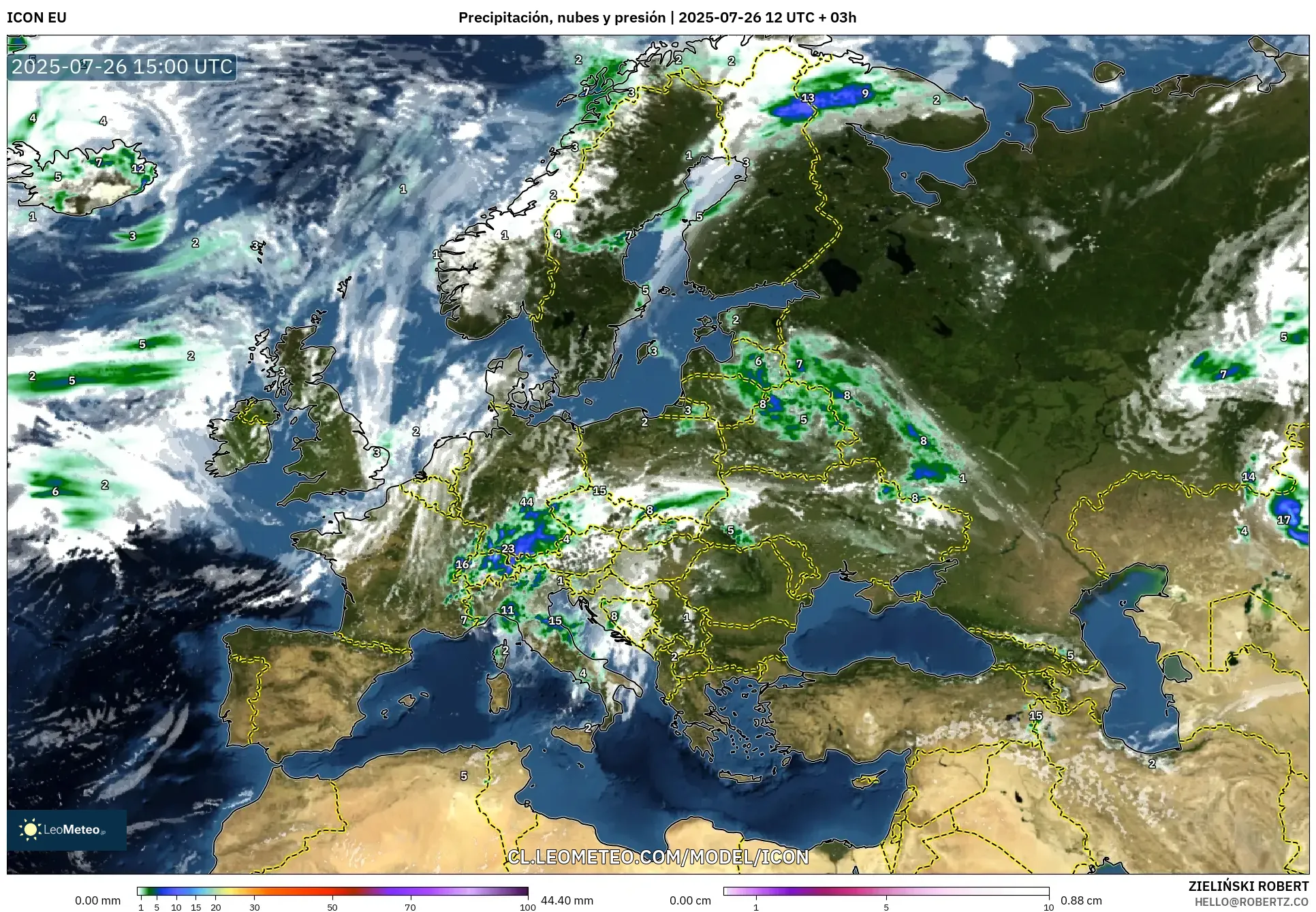 ICON model - Europa, Precipitación, nubes y presión ICON model - Europa, Precipitación, nubes y presión