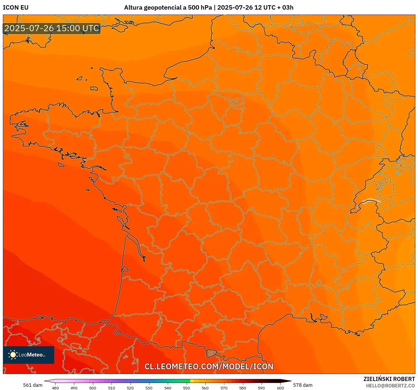 ICON model - Francia, Altura geopotencial a 500 hPa