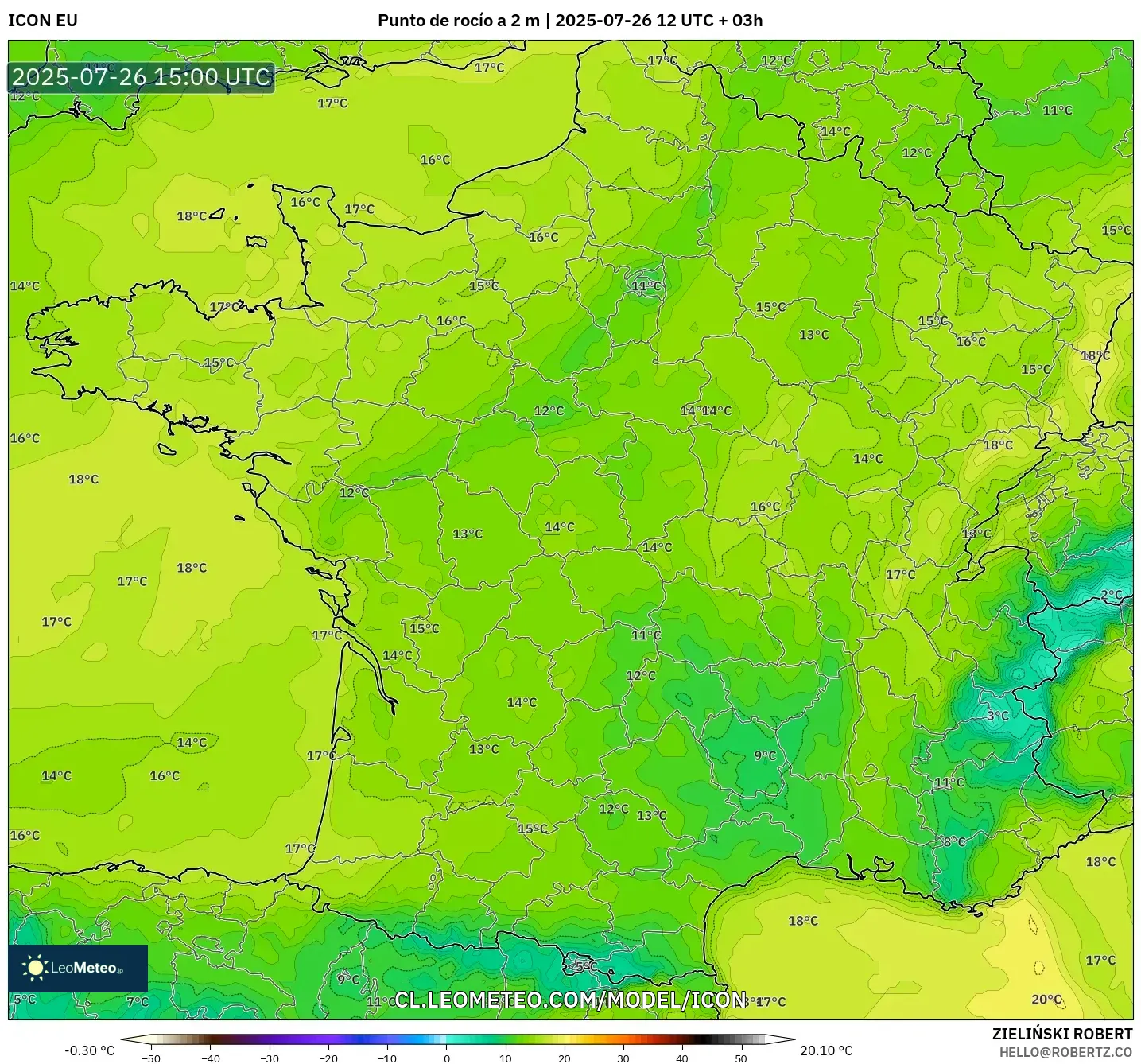 ICON model - Francia, Punto de rocío a 2 m