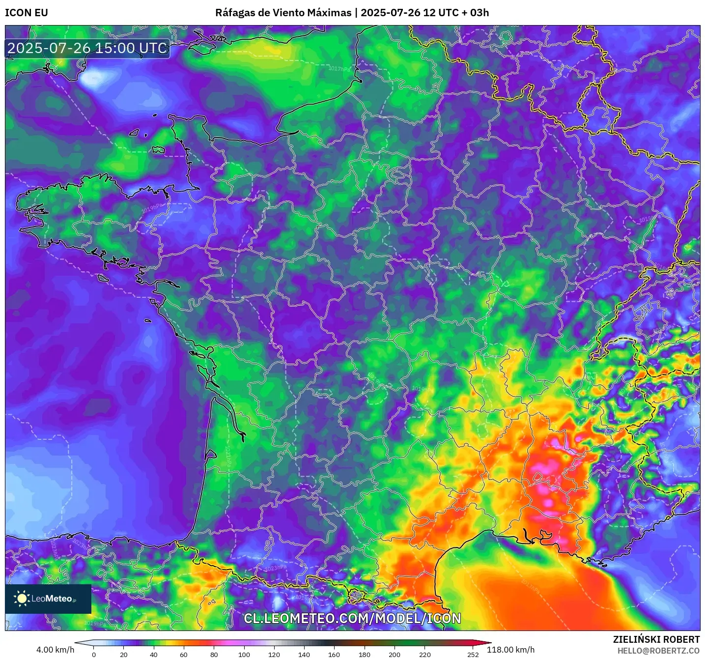 ICON model - Francia, Ráfagas de Viento Máximas