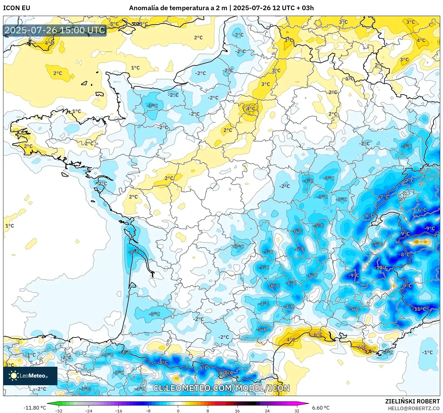 ICON model - Francia, Anomalía de temperatura a 2 m