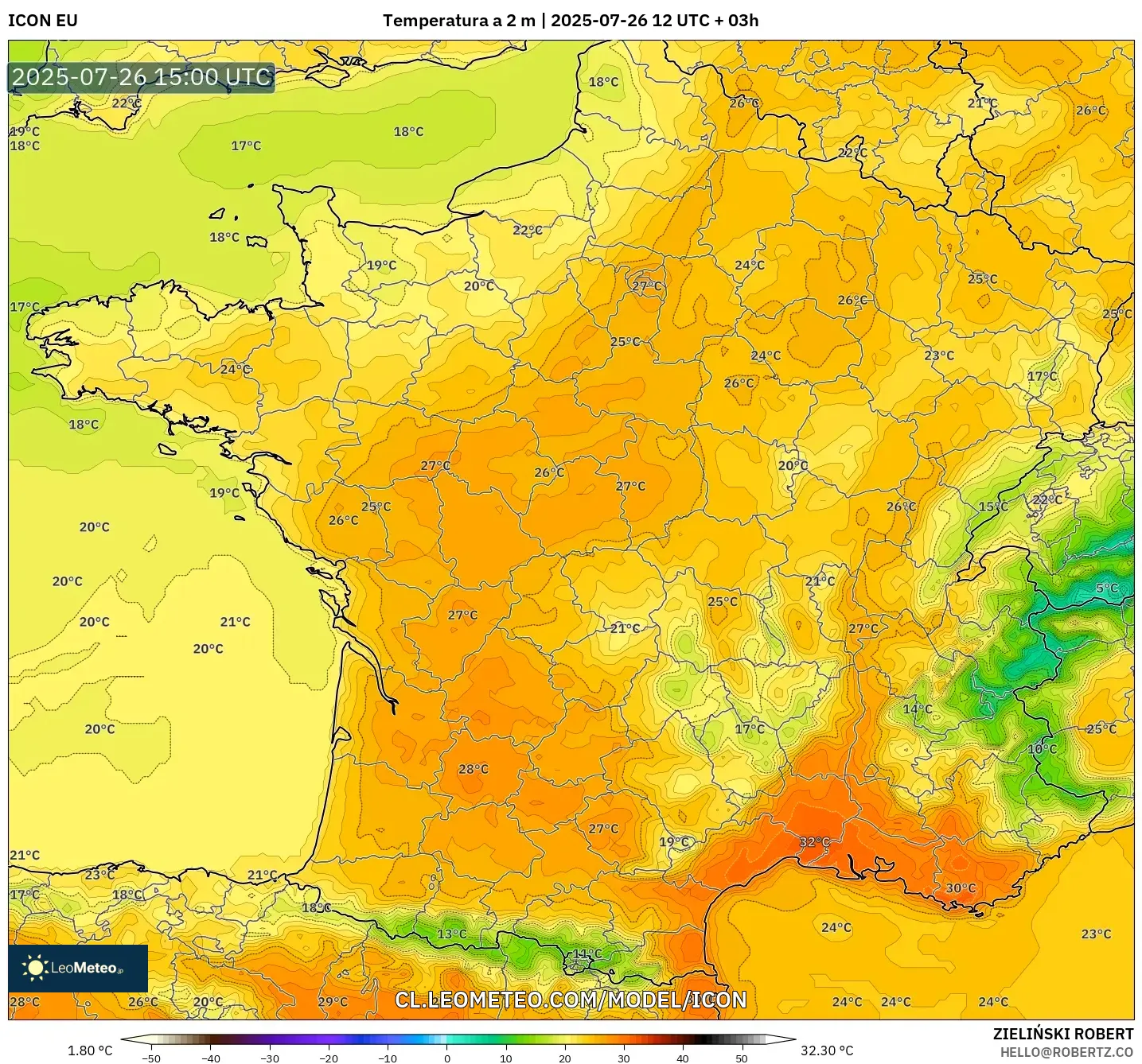 ICON model - Francia, Temperatura a 2 m