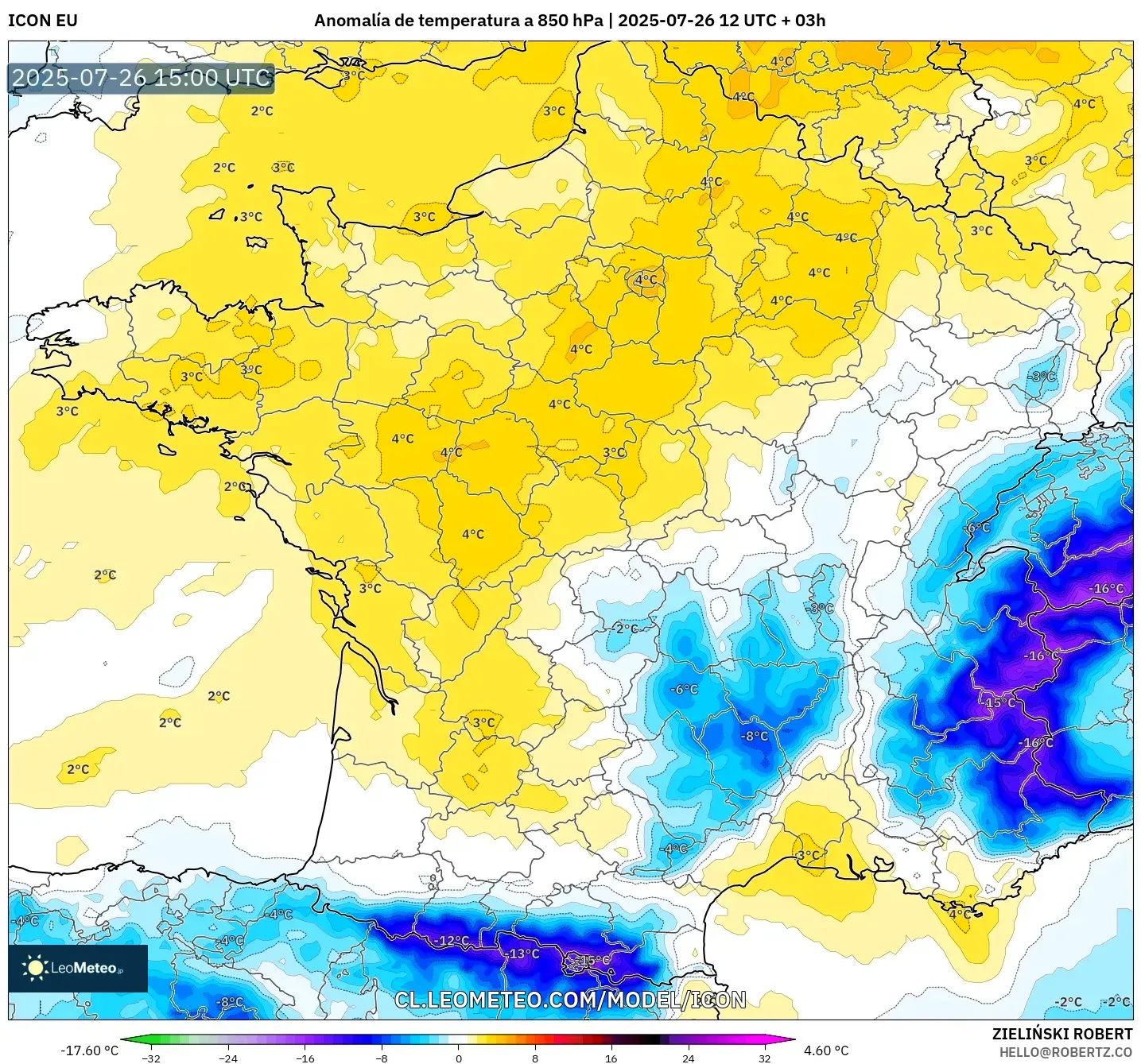 ICON model - Francia, Anomalía de temperatura a 850 hPa